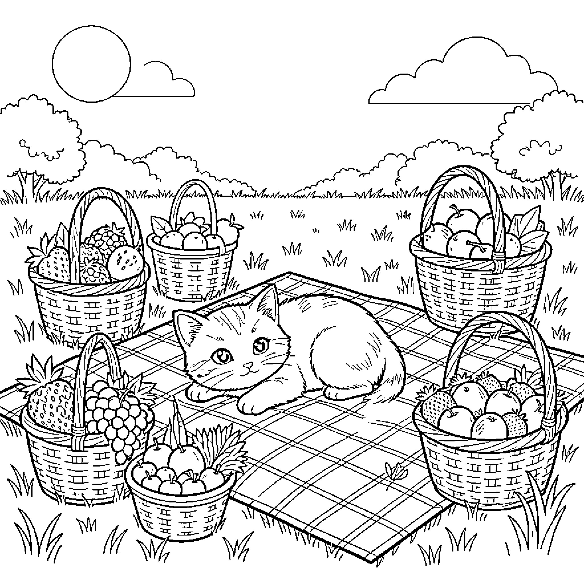 Kitten relaxing on picnic blanket with baskets of fruit Coloring Page (free black-and-white line drawing printable PDF for all, from beginners to advanced learners, including children, teens, adults, and seniors)