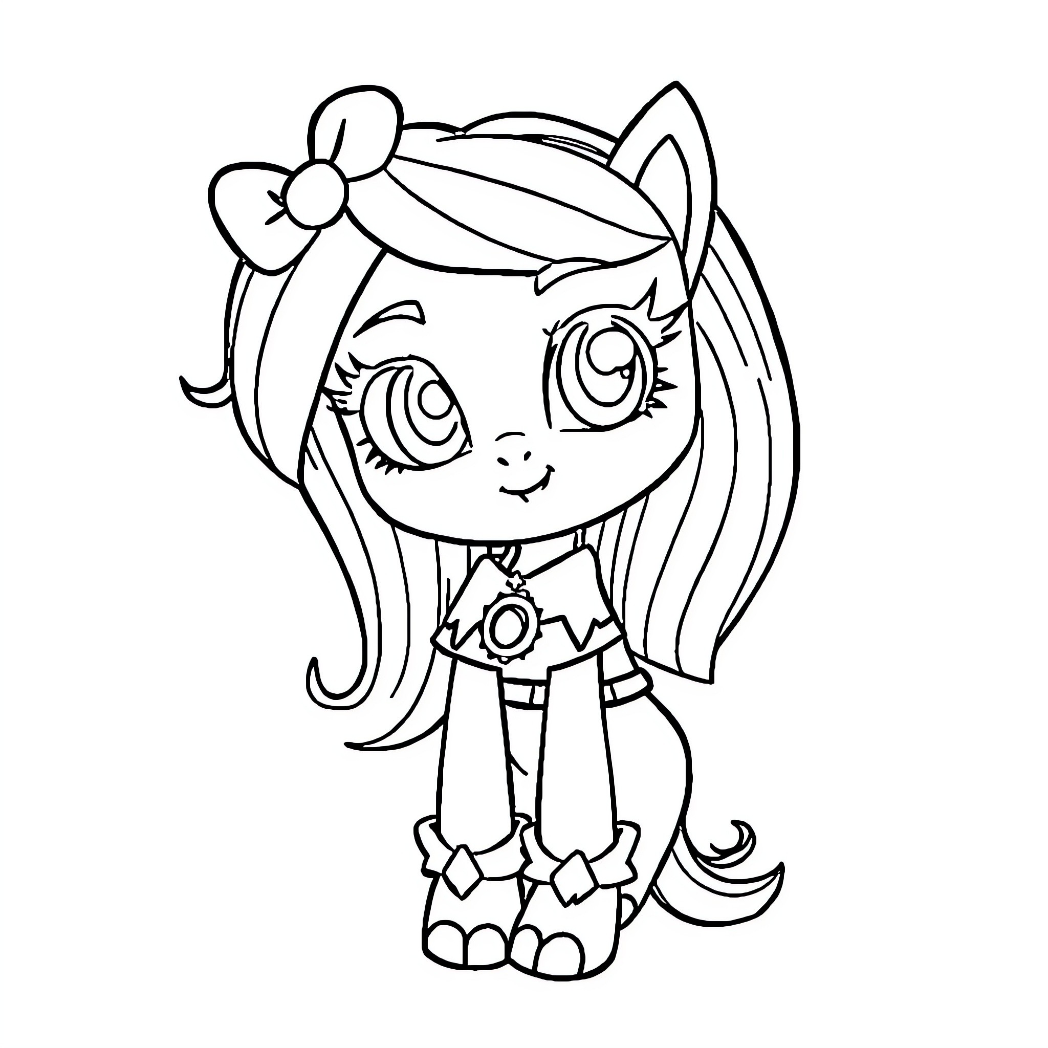 Rainbow Chibi Girl with Cute Accessories Coloring Page (free black-and-white line drawing printable PDF for all, from beginners to advanced learners, including children, teens, adults, and seniors)