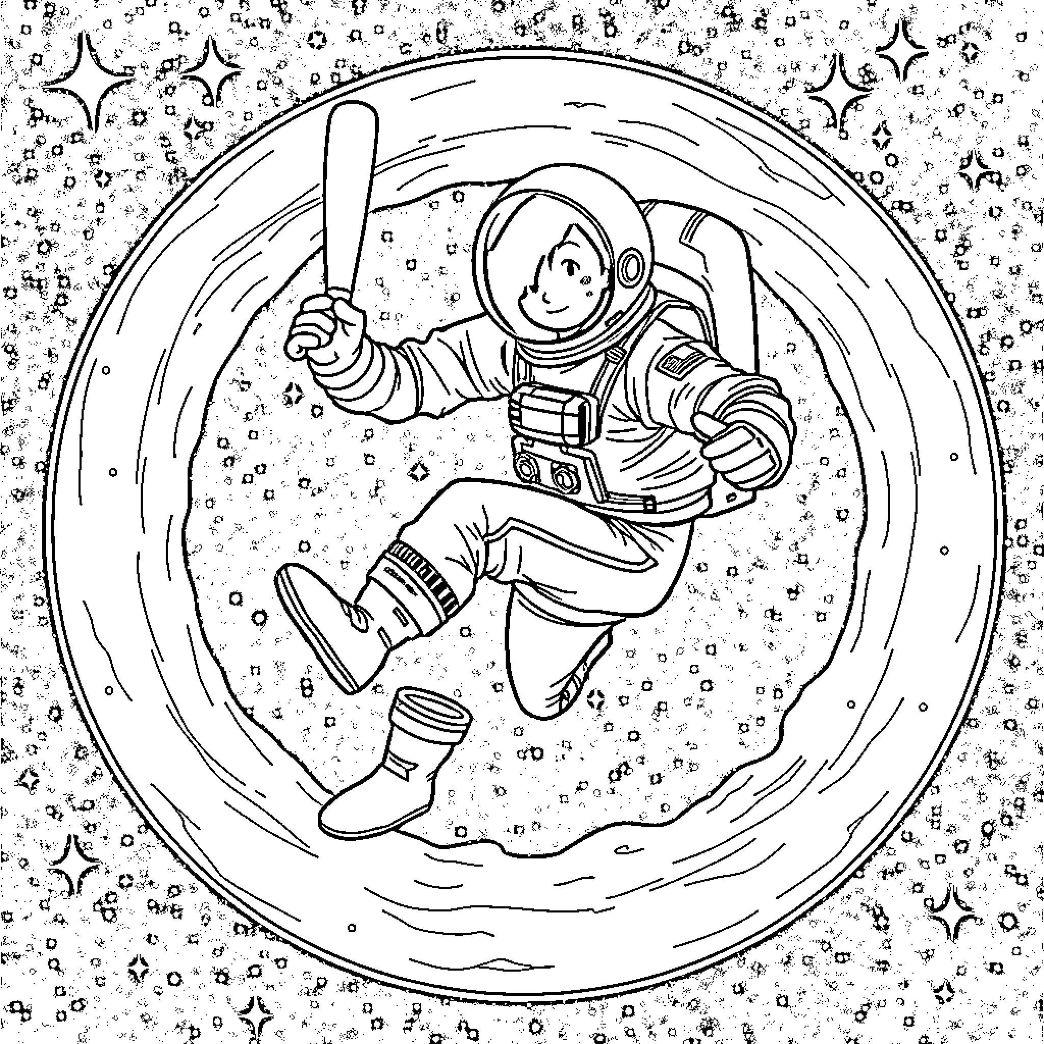 Otani the Astronaut Floating in Space Coloring Page (free black-and-white line drawing printable PDF for all, from beginners to advanced learners, including children, teens, adults, and seniors)
