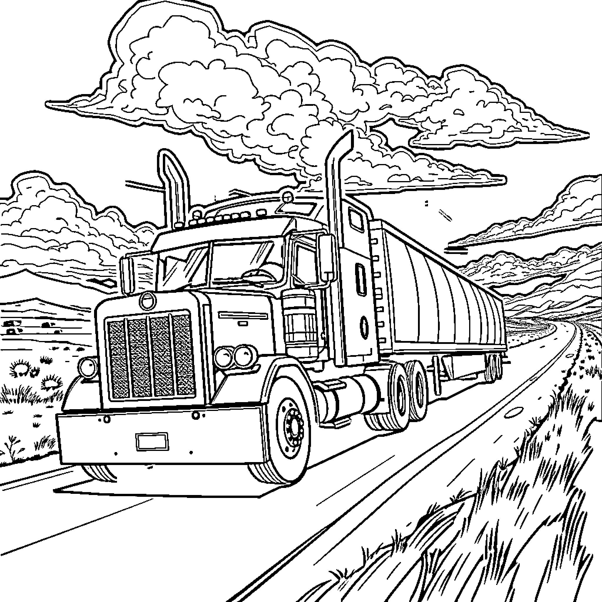 Truck driving on a winding road through mountains and clouds Coloring Page (free black-and-white line drawing printable PDF for all, from beginners to advanced learners, including children, teens, adults, and seniors)