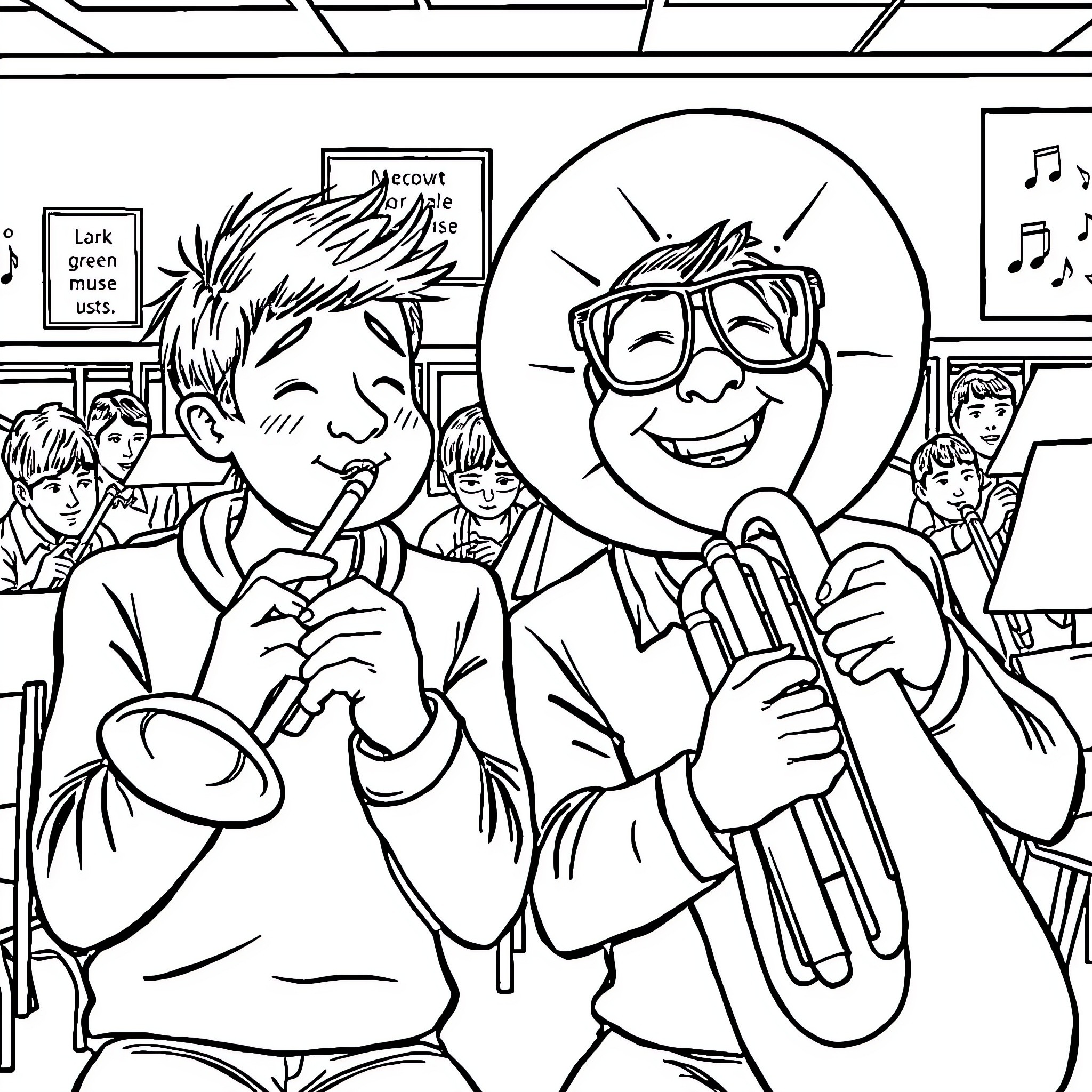 Musician performing enthusiastically in a school setting Coloring Page (free black-and-white line drawing printable PDF for all, from beginners to advanced learners, including children, teens, adults, and seniors)