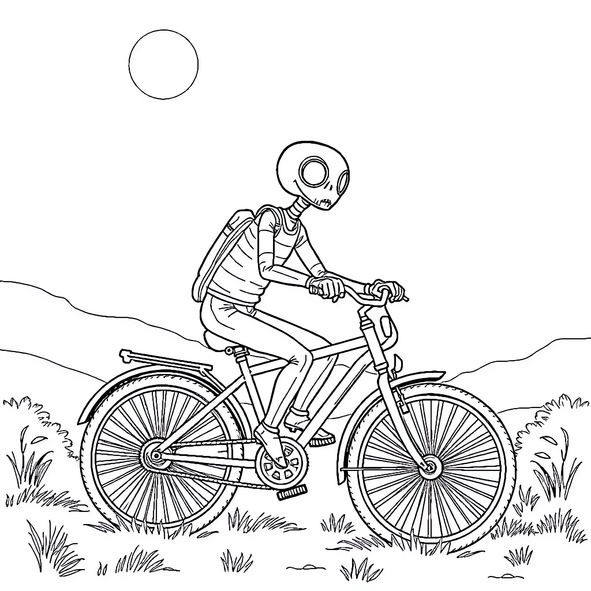 ET bicycling in the countryside Coloring Page (free black-and-white line drawing printable PDF for all, from beginners to advanced learners, including children, teens, adults, and seniors)