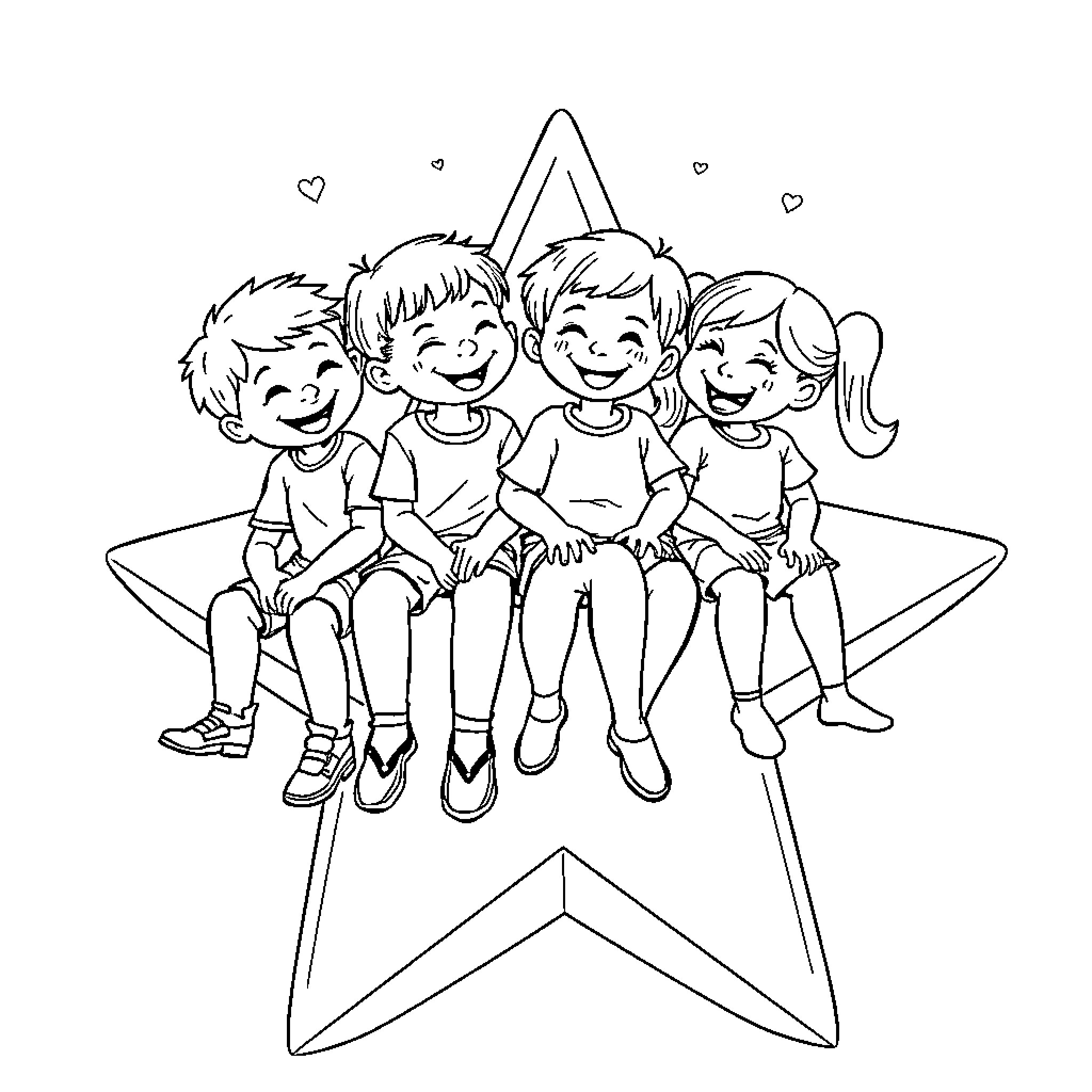 Kid friends sitting on a star happily Coloring Page (free black-and-white line drawing printable PDF for all, from beginners to advanced learners, including children, teens, adults, and seniors)