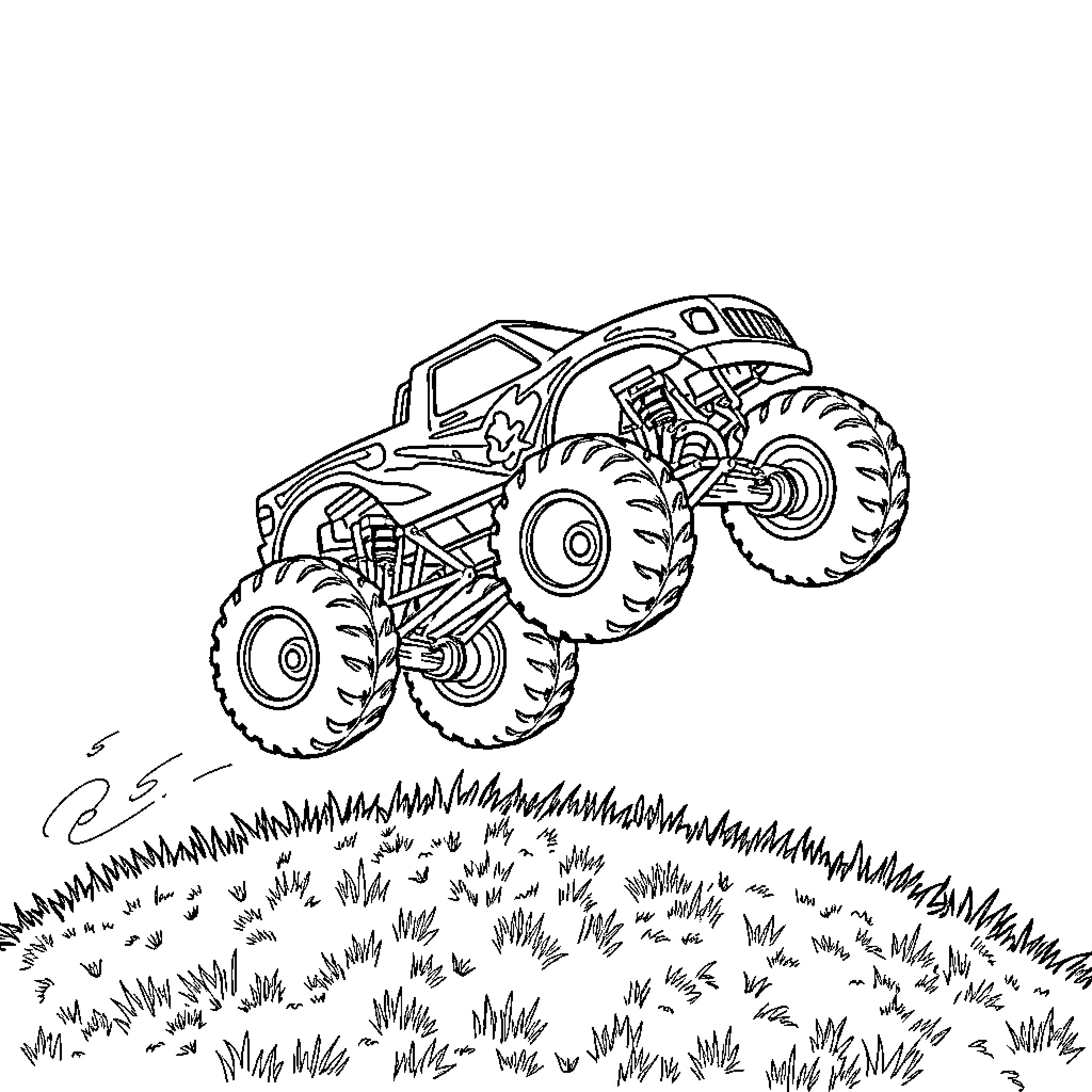 Monster Truck Soaring Over Grassy Terrain Coloring Page (free black-and-white line drawing printable PDF for all, from beginners to advanced learners, including children, teens, adults, and seniors)
