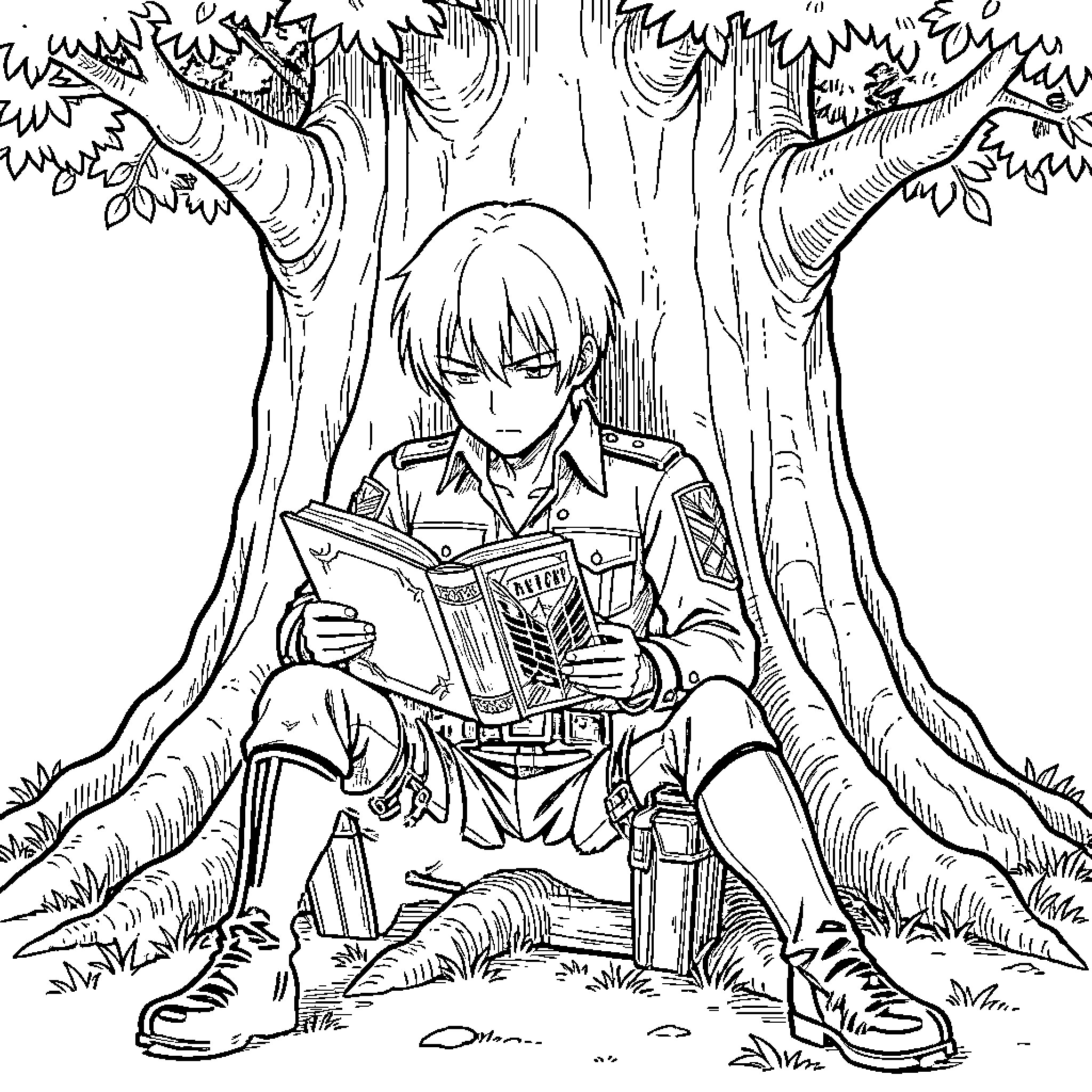 Levi Ackerman reading a book in the forest Coloring Page (free black-and-white line drawing printable PDF for all, from beginners to advanced learners, including children, teens, adults, and seniors)