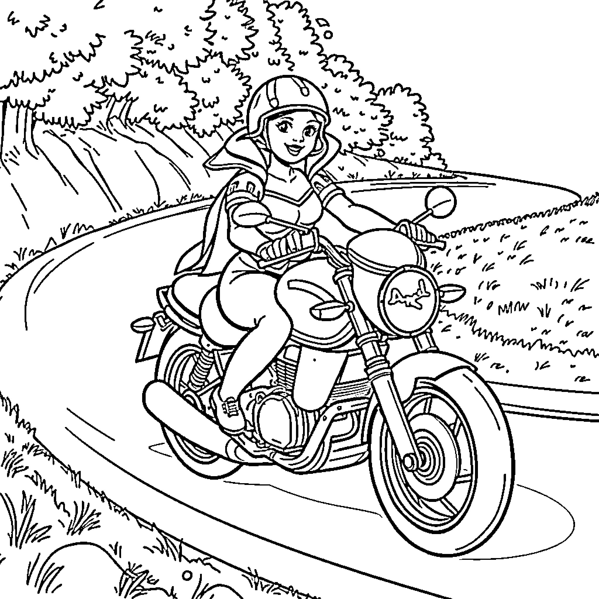 Princess riding motorcycle through the countryside Coloring Page (free black-and-white line drawing printable PDF for all, from beginners to advanced learners, including children, teens, adults, and seniors)