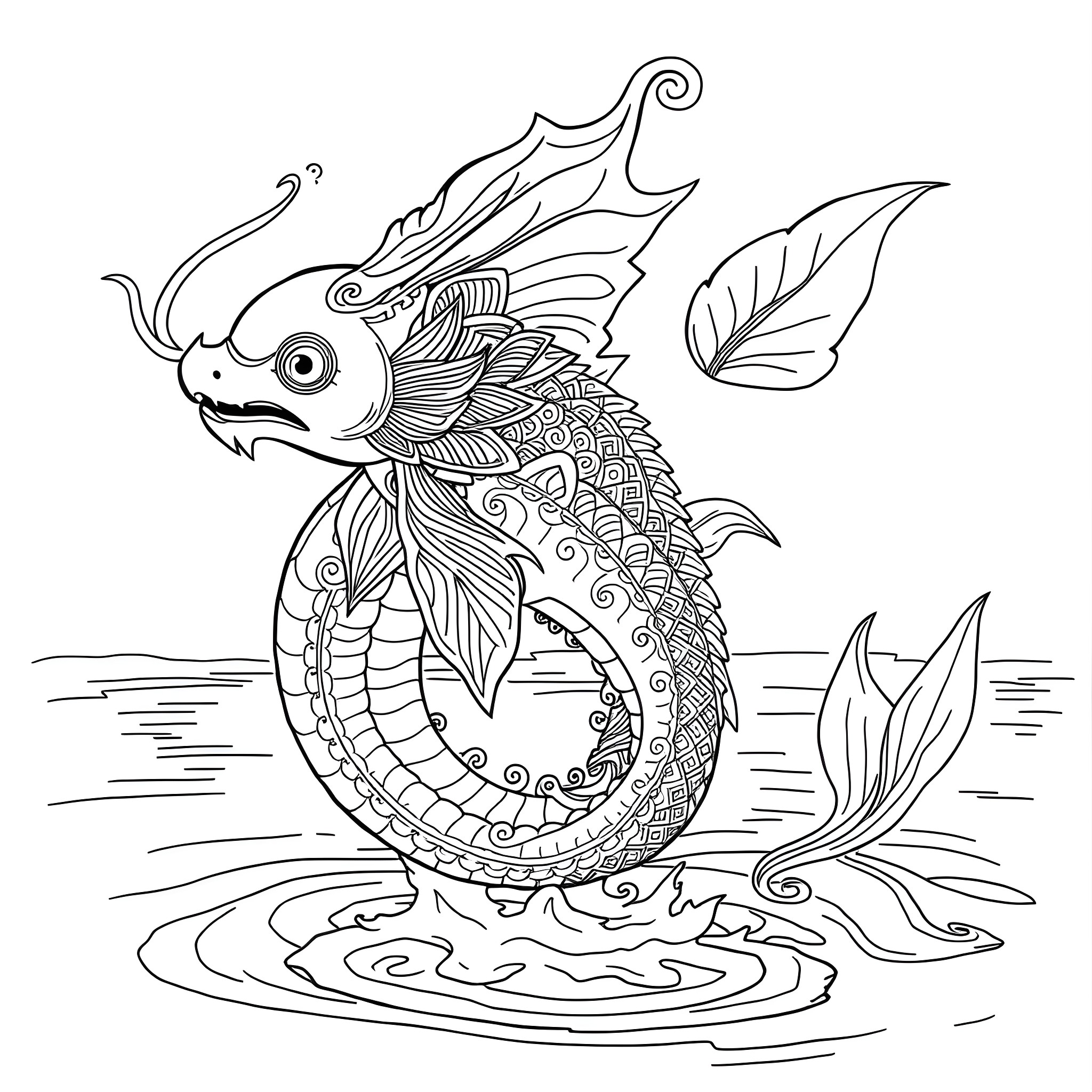 Mishipeshu: Mythical Aquatic Creature's Graceful Dance Coloring Page (free black-and-white line drawing printable PDF for all, from beginners to advanced learners, including children, teens, adults, and seniors)