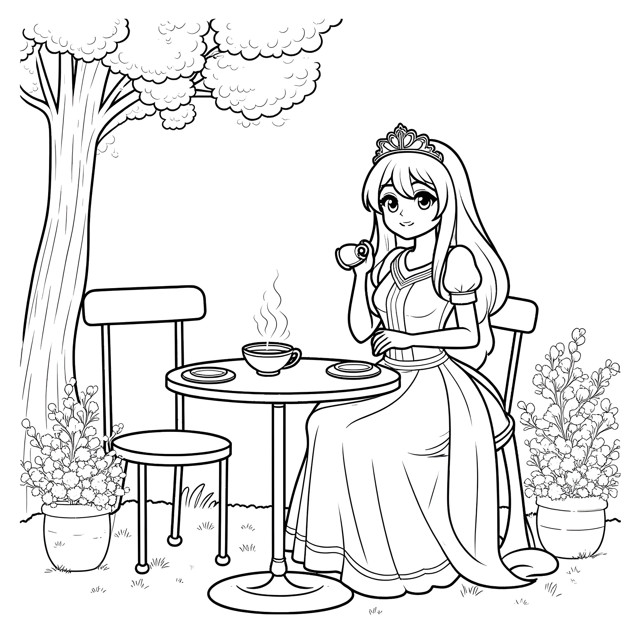 Princess Enjoying a Warm Drink Outdoors Coloring Page (free black-and-white line drawing printable PDF for all, from beginners to advanced learners, including children, teens, adults, and seniors)
