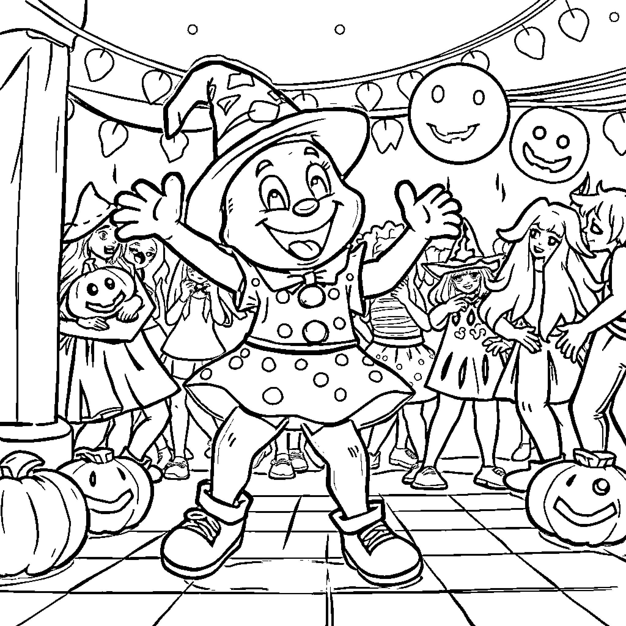 Bluey's Spooky Halloween Party Coloring Page (free black-and-white line drawing printable PDF for all, from beginners to advanced learners, including children, teens, adults, and seniors)