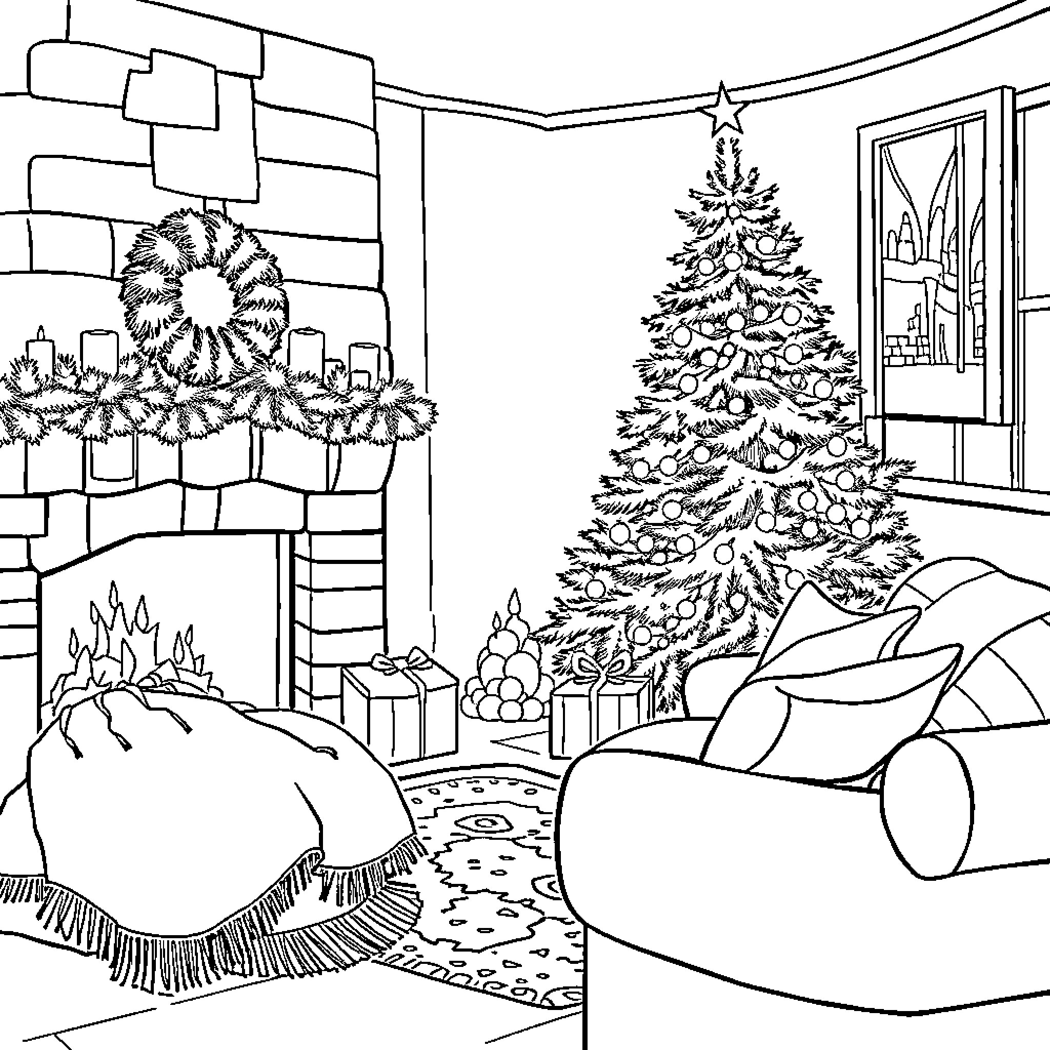 Christmas scene with decorated tree and fireplace Coloring Page (free black-and-white line drawing printable PDF for all, from beginners to advanced learners, including children, teens, adults, and seniors)