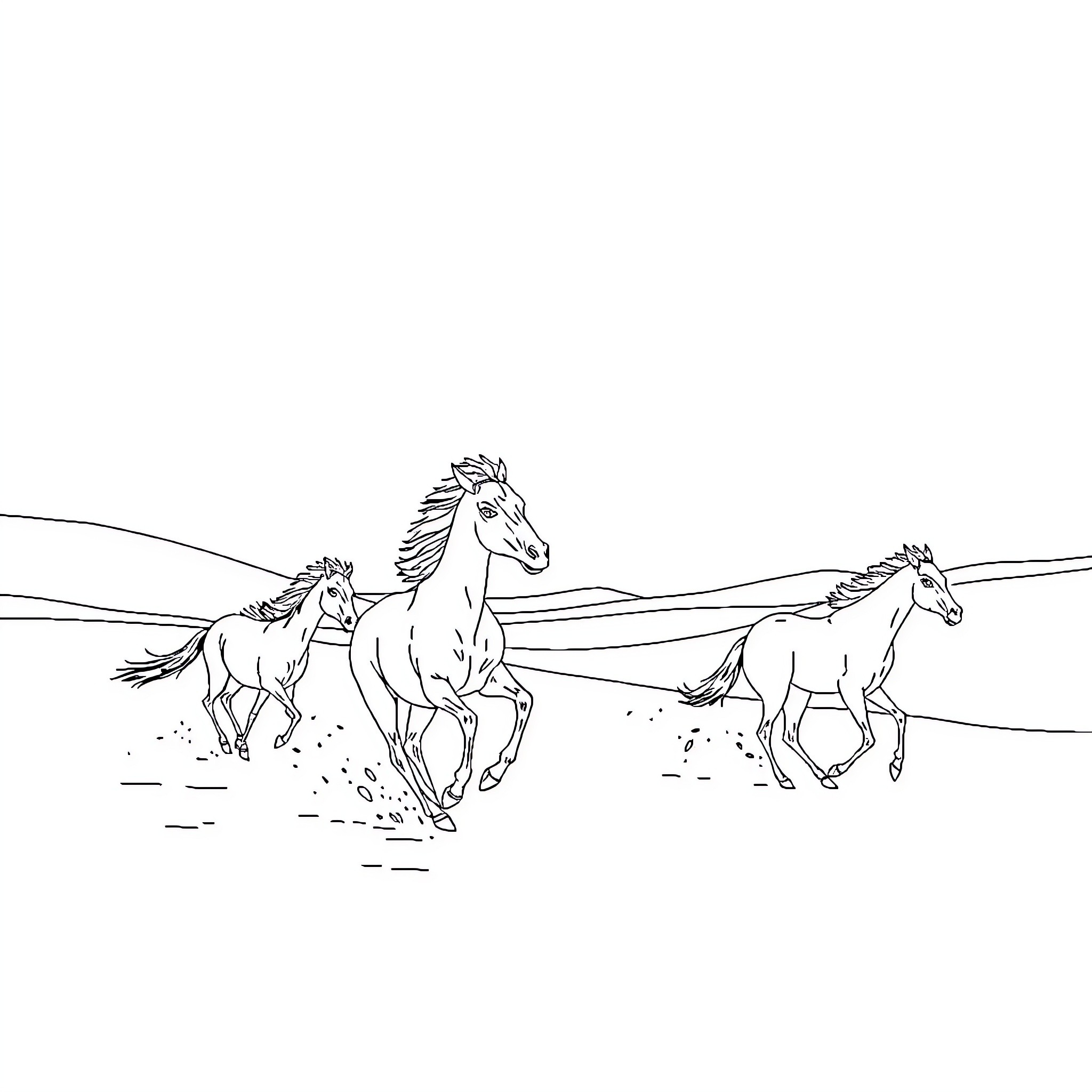 Animal herd galloping through open field Coloring Page (free black-and-white line drawing printable PDF for all, from beginners to advanced learners, including children, teens, adults, and seniors)