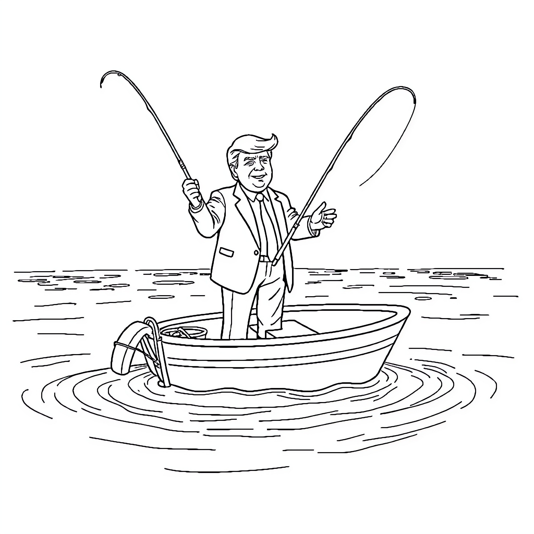 Trump Fishing Happily in Boat on Lake Coloring Page (free black-and-white line drawing printable PDF for all, from beginners to advanced learners, including children, teens, adults, and seniors)