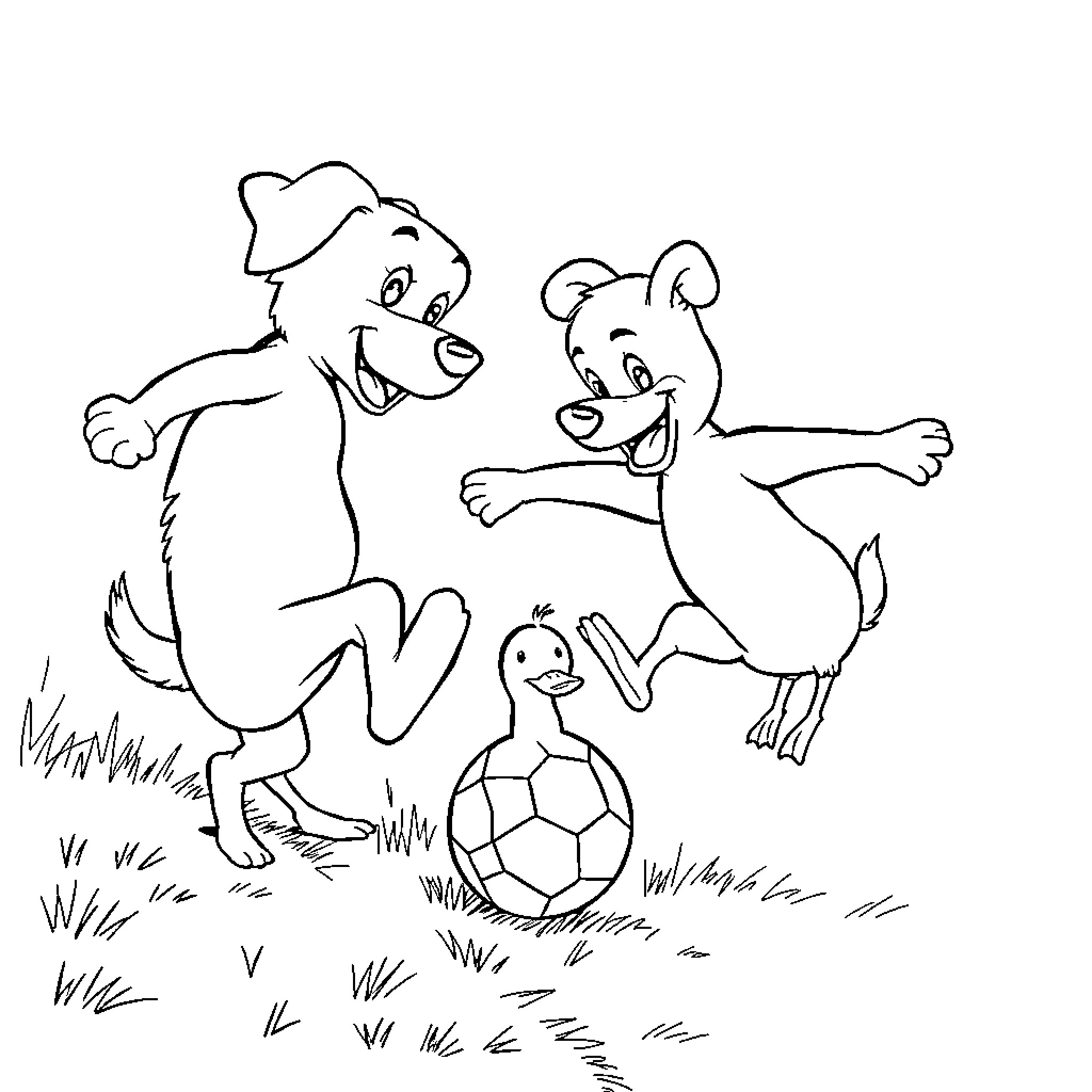 Dog friends playing with soccer ball in field Coloring Page (free black-and-white line drawing printable PDF for all, from beginners to advanced learners, including children, teens, adults, and seniors)