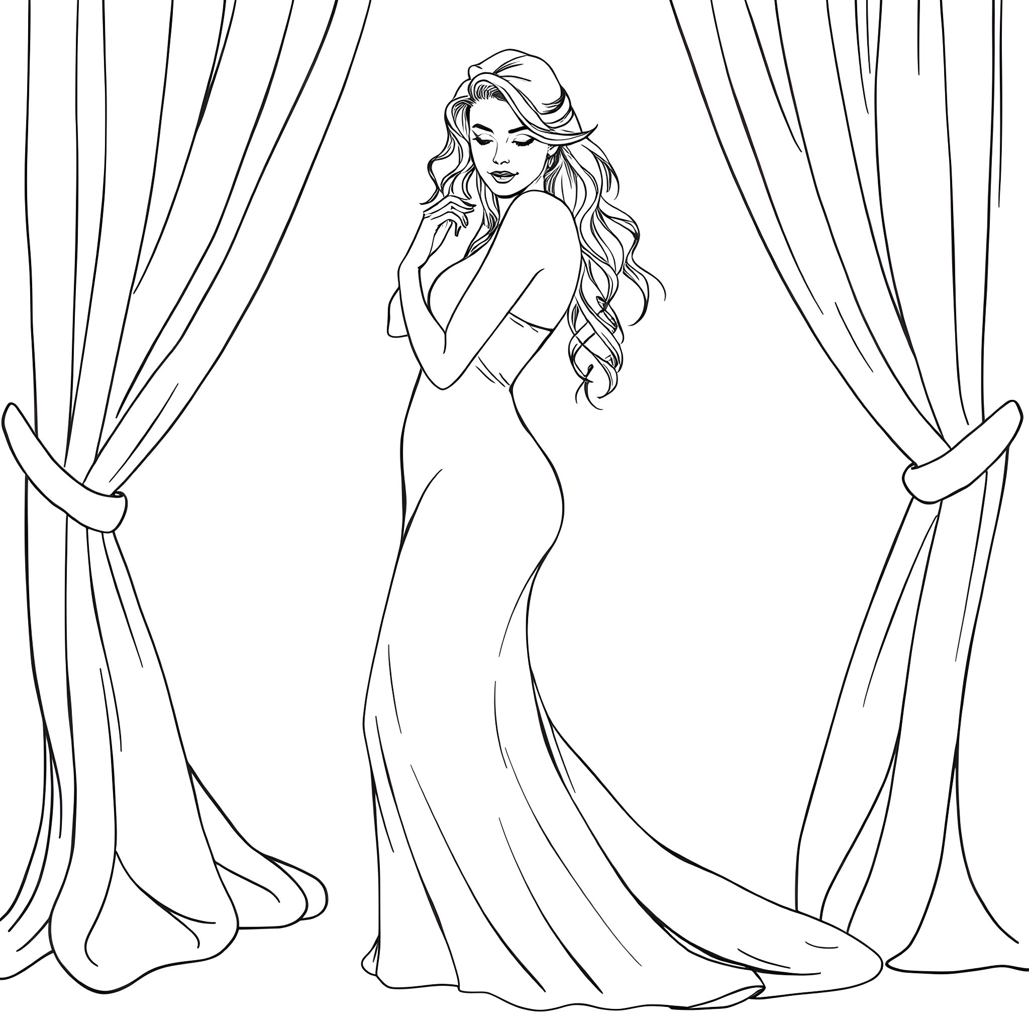 Sydney Sweeney in elegant evening gown Coloring Page (free black-and-white line drawing printable PDF for all, from beginners to advanced learners, including children, teens, adults, and seniors)