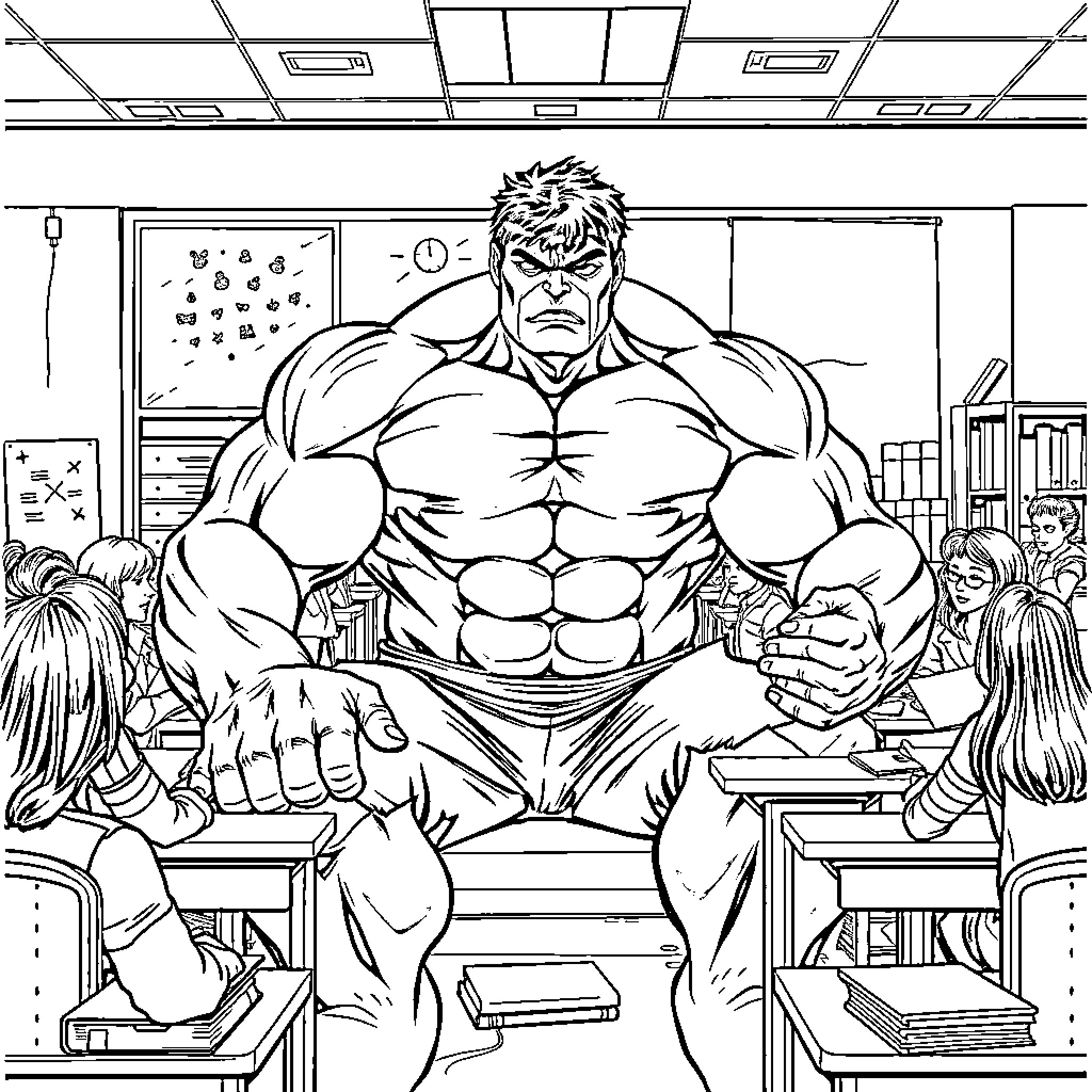 Hulk Unleashes Powerful Presence in Classroom Coloring Page (free black-and-white line drawing printable PDF for all, from beginners to advanced learners, including children, teens, adults, and seniors)