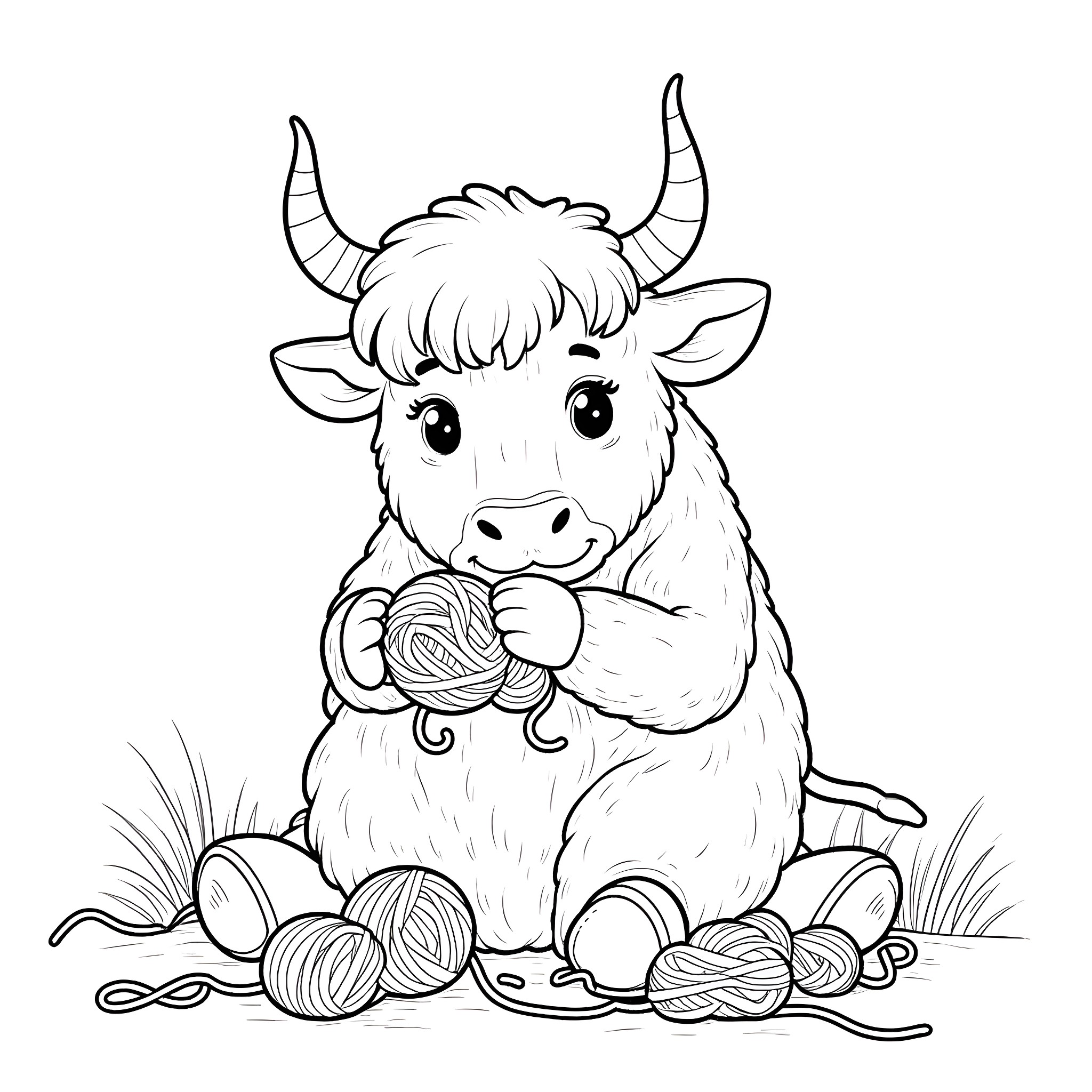Highland Cow playing with yarn balls Coloring Page (free black-and-white line drawing printable PDF for all, from beginners to advanced learners, including children, teens, adults, and seniors)