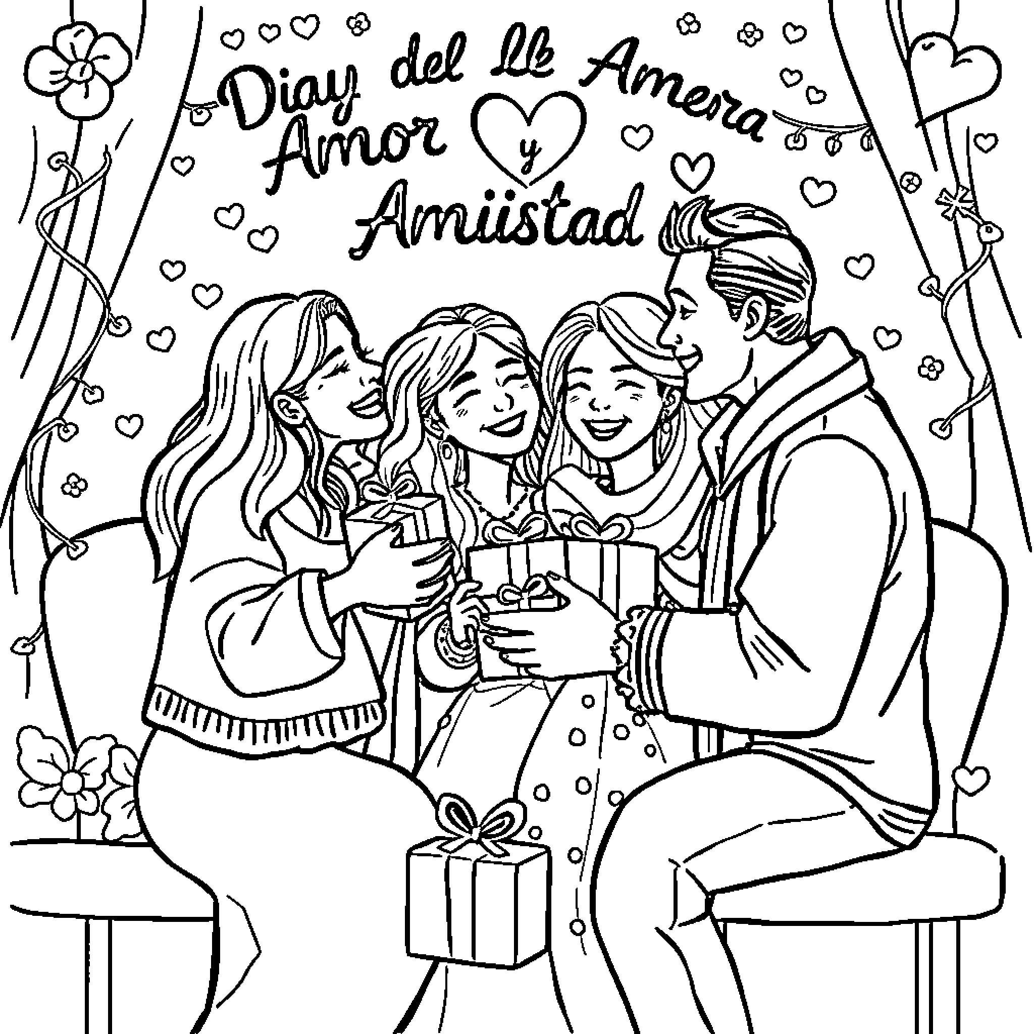 Love and Friendship: Celebration of Friendship Coloring Page (free black-and-white line drawing printable PDF for all, from beginners to advanced learners, including children, teens, adults, and seniors)
