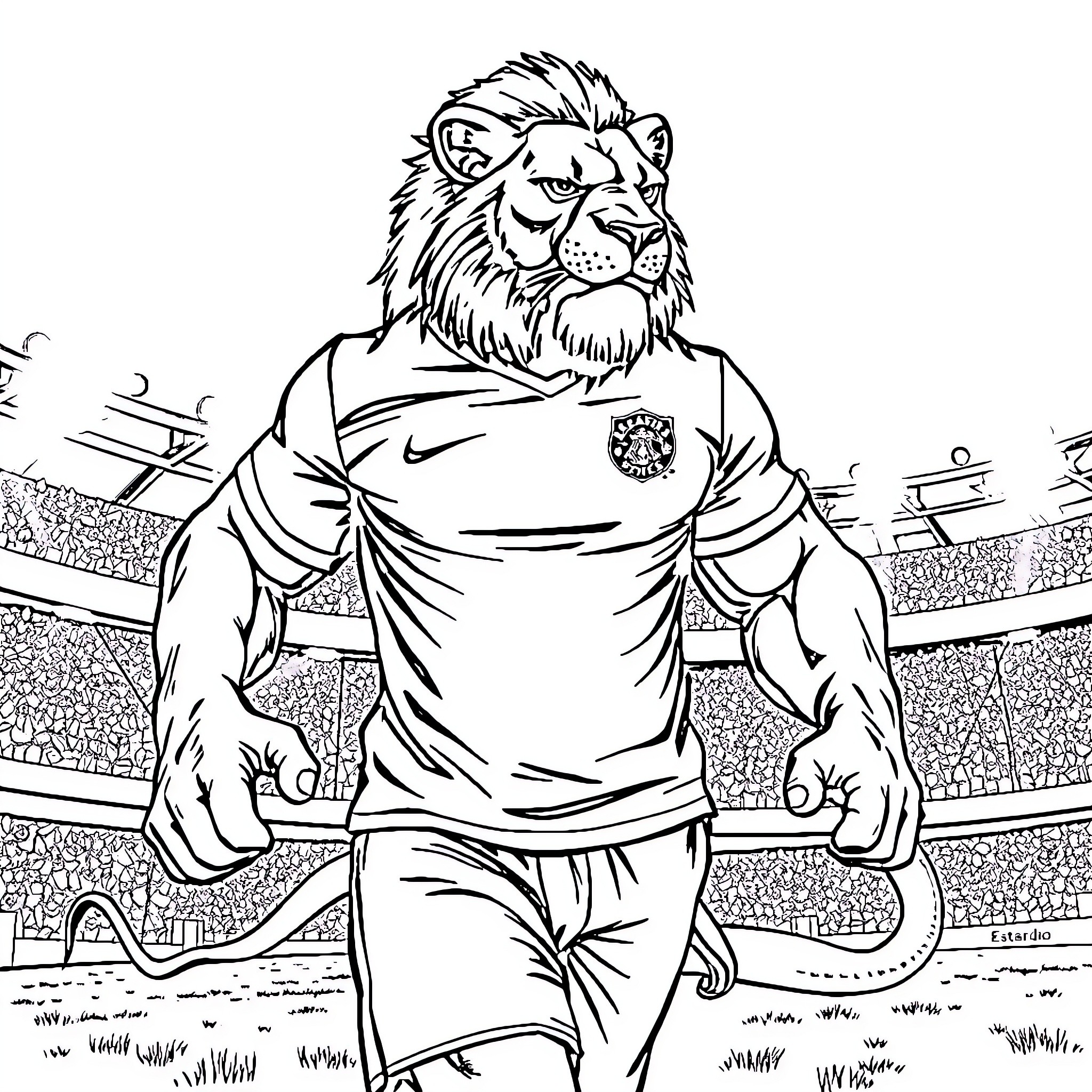 Lion in sports uniform posing on sports field Coloring Page (free black-and-white line drawing printable PDF for all, from beginners to advanced learners, including children, teens, adults, and seniors)