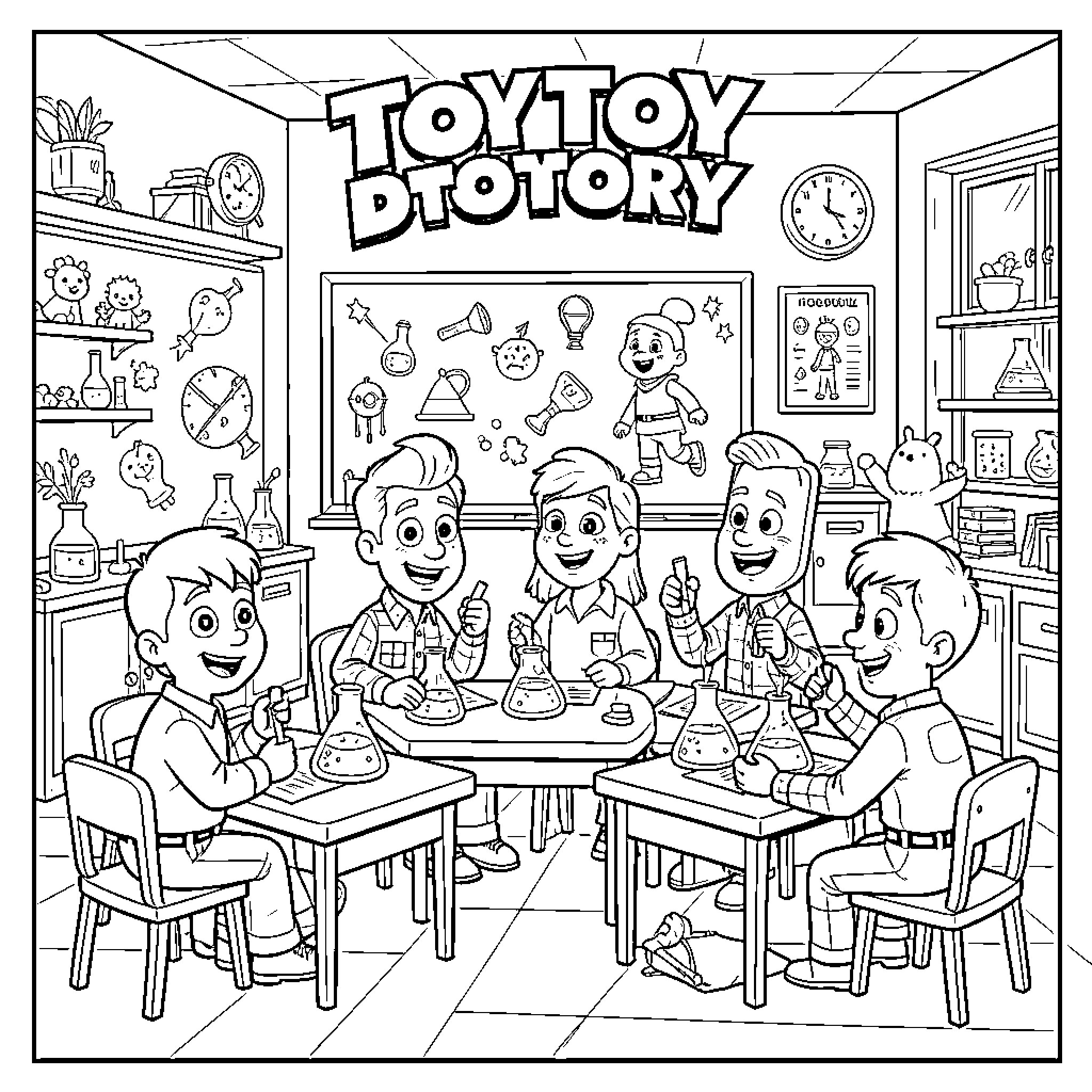 Toy characters conducting science experiments in a classroom Coloring Page (free black-and-white line drawing printable PDF for all, from beginners to advanced learners, including children, teens, adults, and seniors)