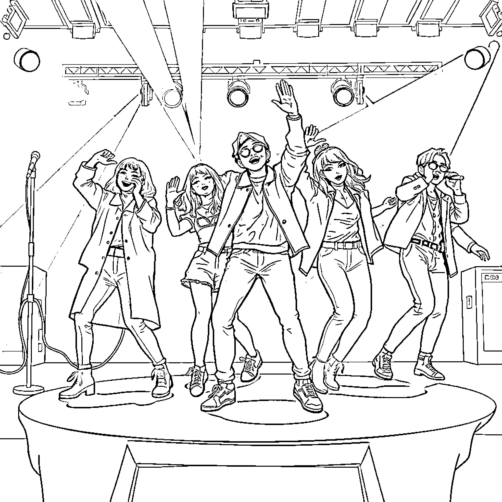 Kpop artists performing on stage with energy Coloring Page (free black-and-white line drawing printable PDF for all, from beginners to advanced learners, including children, teens, adults, and seniors)