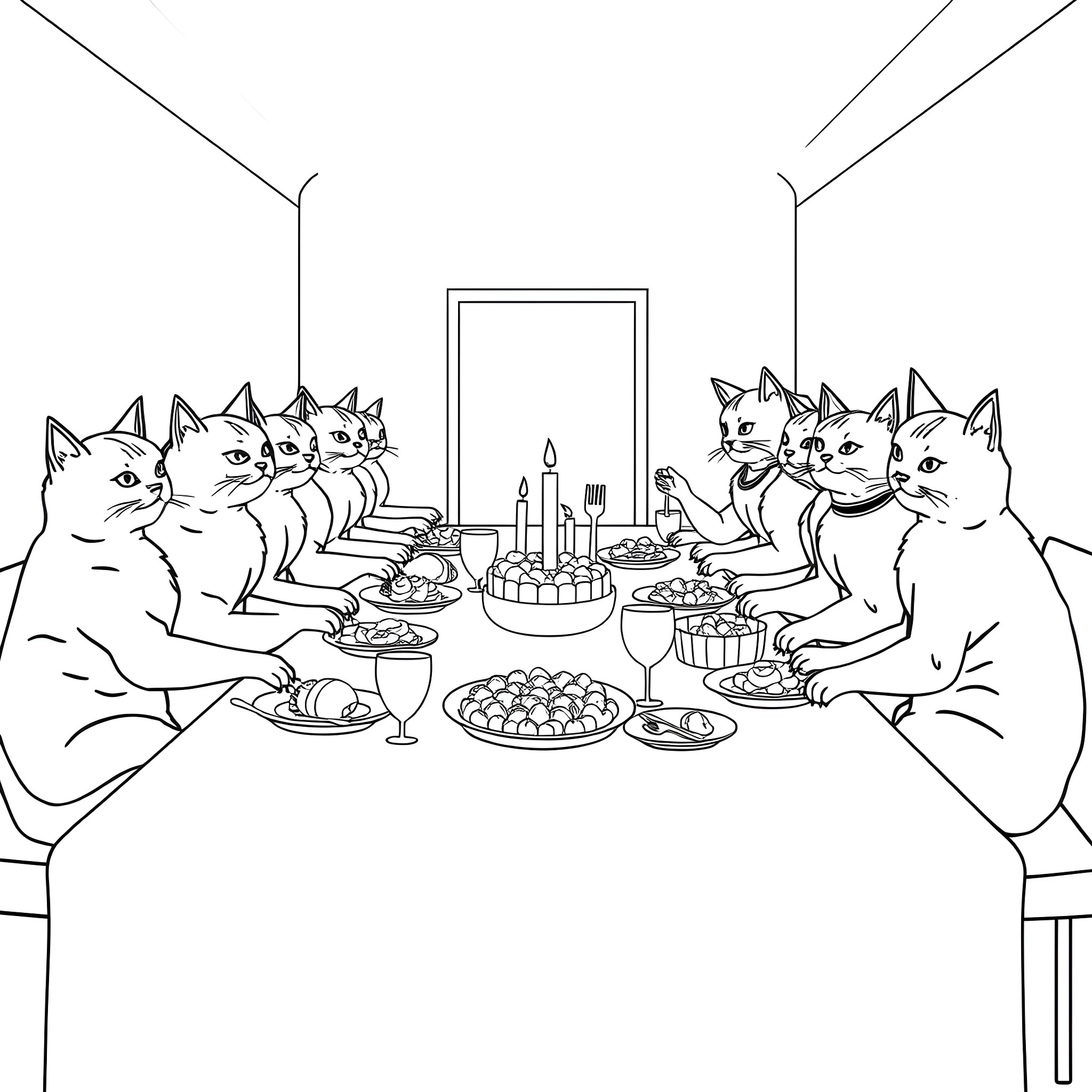 Cats celebrating a party with cakes and treats Coloring Page (free black-and-white line drawing printable PDF for all, from beginners to advanced learners, including children, teens, adults, and seniors)