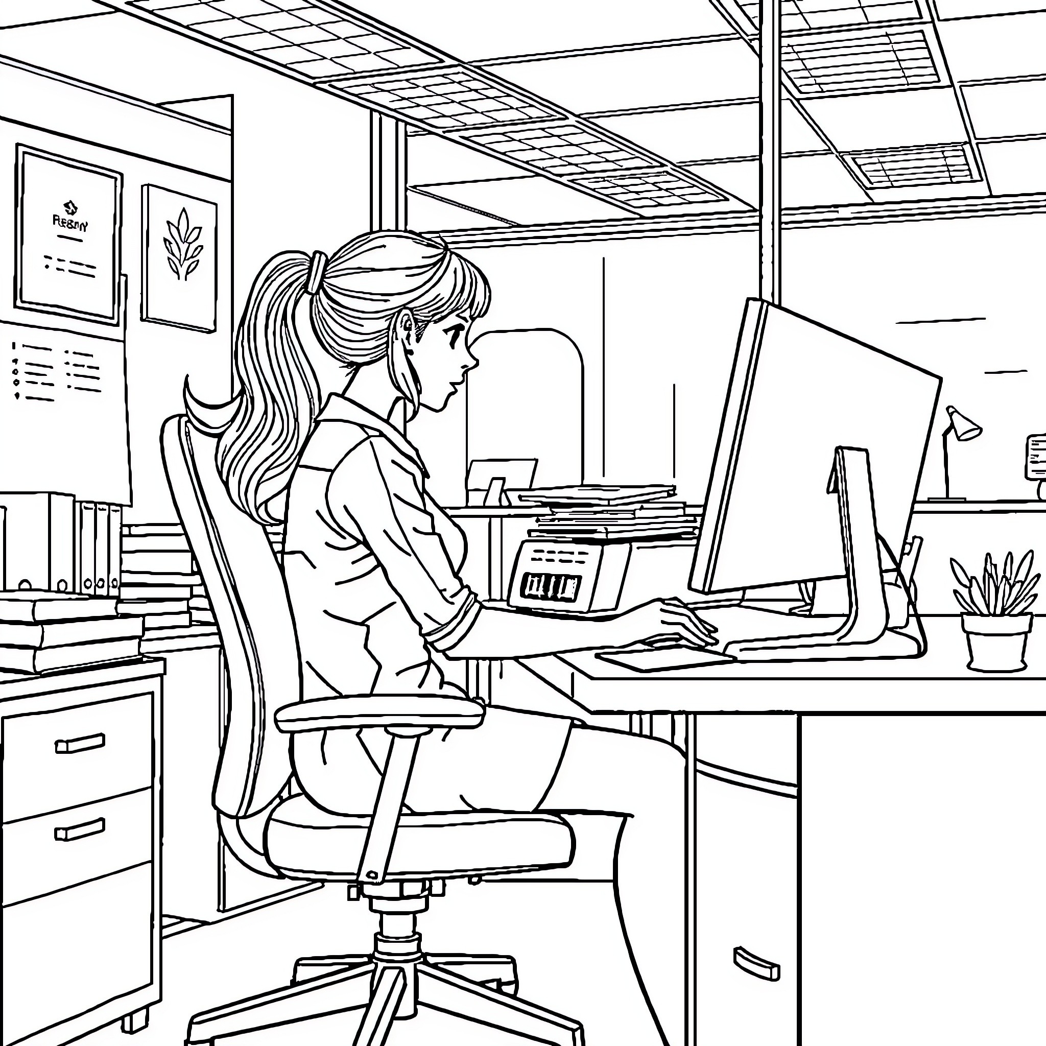 Office Girl Working Diligently at Computer Coloring Page (free black-and-white line drawing printable PDF for all, from beginners to advanced learners, including children, teens, adults, and seniors)