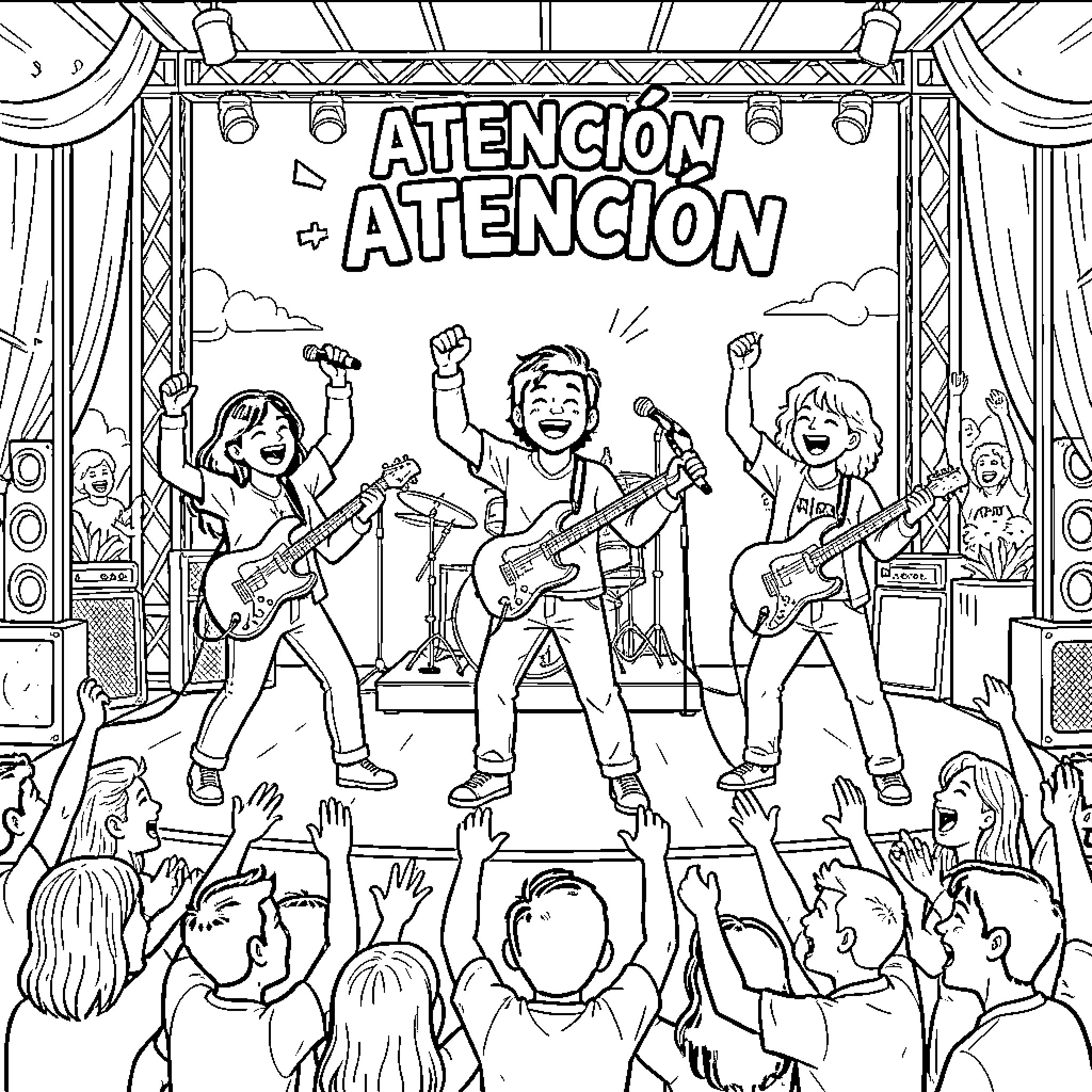 Personajes tocando música con entusiasmo en un escenario Coloring Page (free black-and-white line drawing printable PDF for all, from beginners to advanced learners, including children, teens, adults, and seniors)