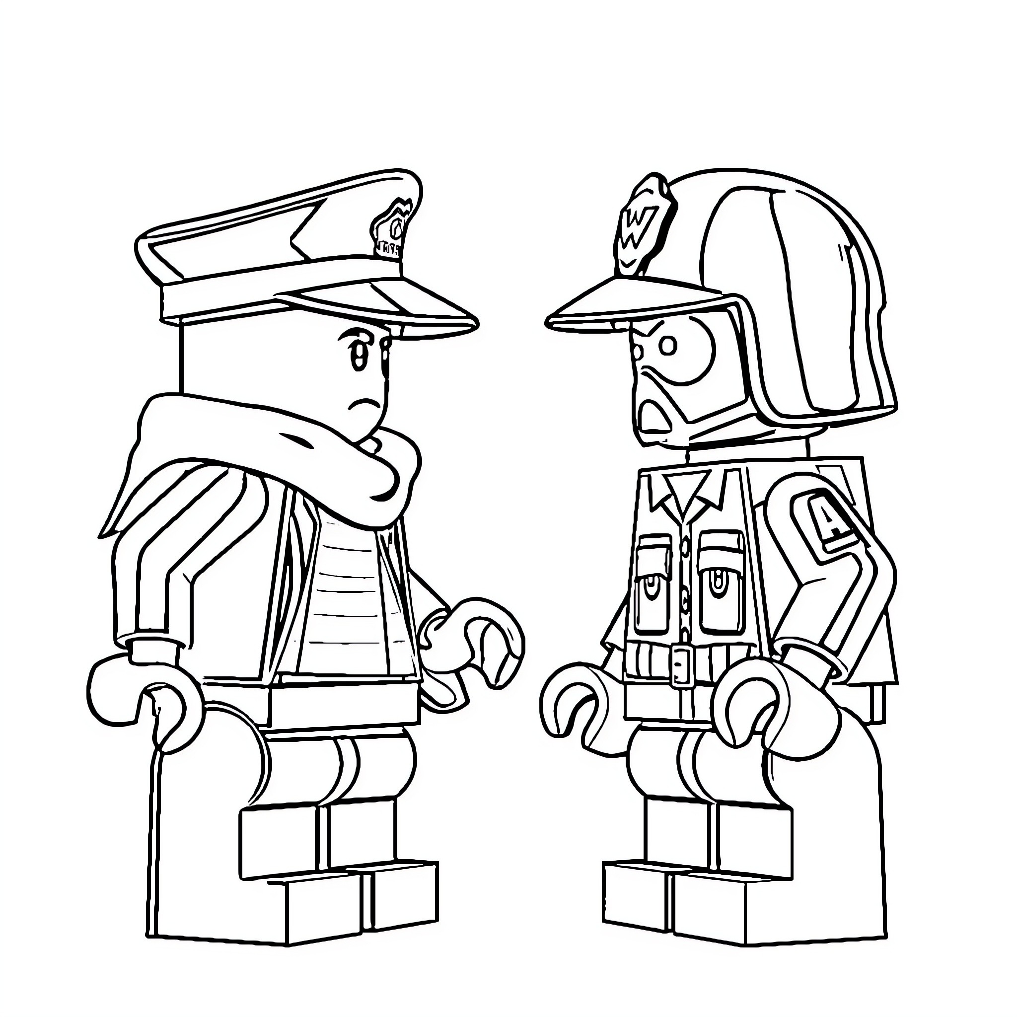 Lego police officers in uniform Coloring Page (free black-and-white line drawing printable PDF for all, from beginners to advanced learners, including children, teens, adults, and seniors)