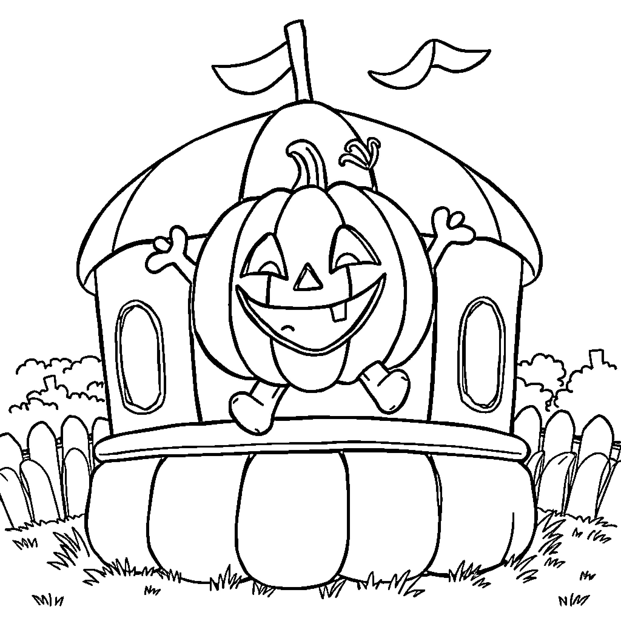 Pumpkin-shaped house with a smiling jack-o'-lantern Coloring Page (free black-and-white line drawing printable PDF for all, from beginners to advanced learners, including children, teens, adults, and seniors)
