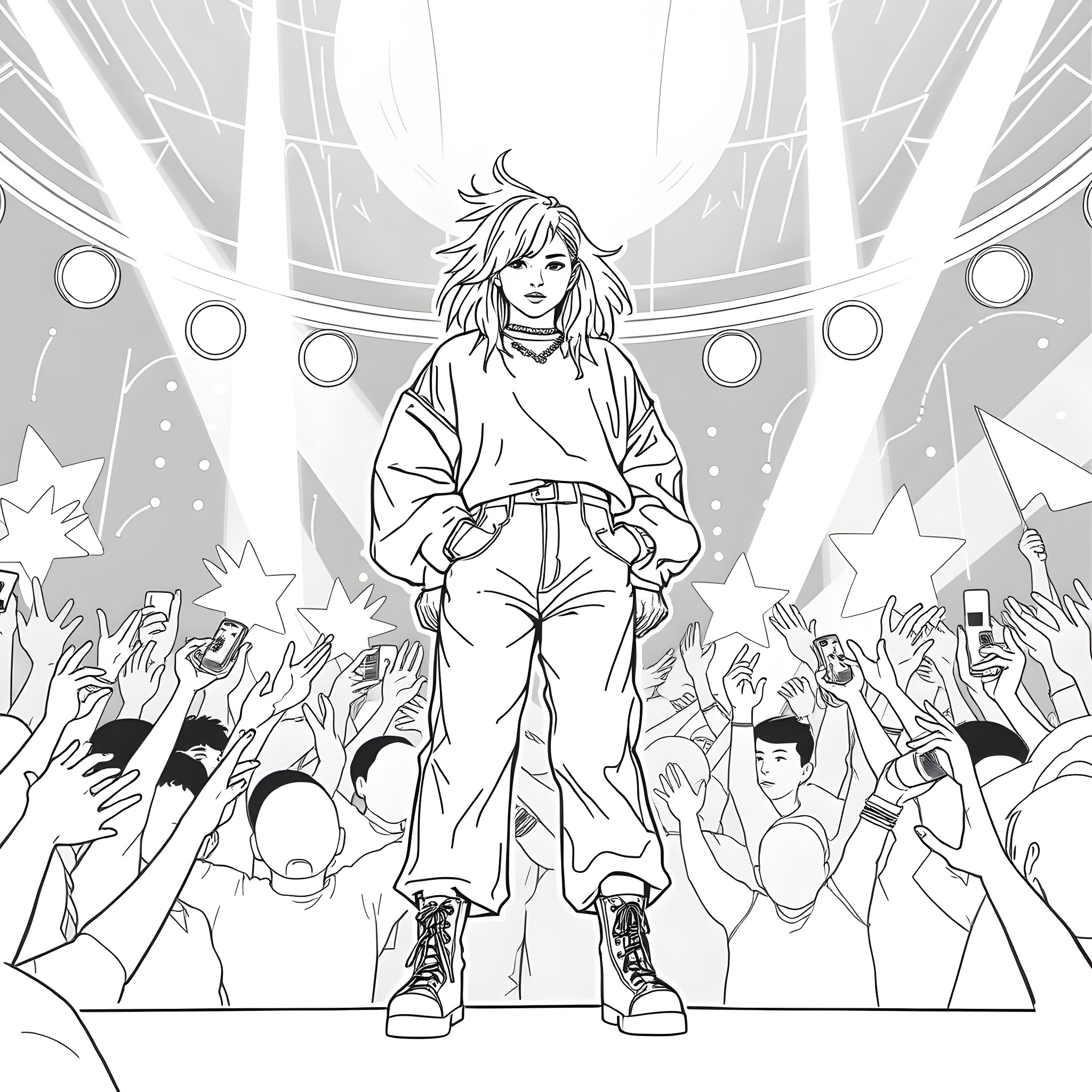 Billie Eilish performing on stage before a cheering crowd Coloring Page (free black-and-white line drawing printable PDF for all, from beginners to advanced learners, including children, teens, adults, and seniors)