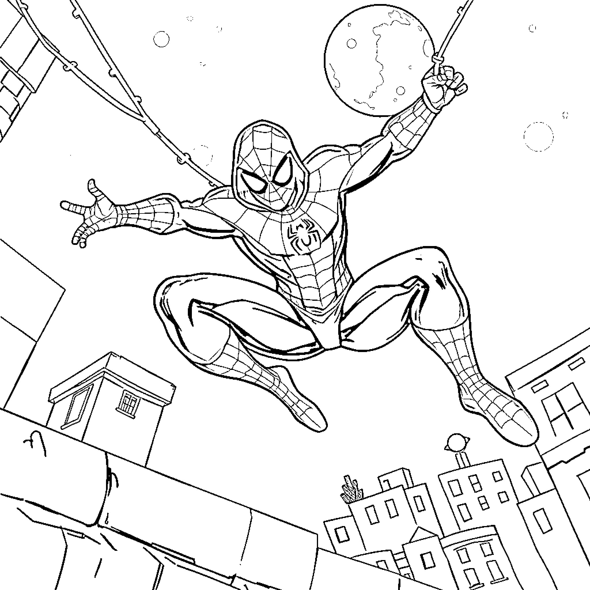 Spider-Man swinging through the city with determination Coloring Page (free black-and-white line drawing printable PDF for all, from beginners to advanced learners, including children, teens, adults, and seniors)