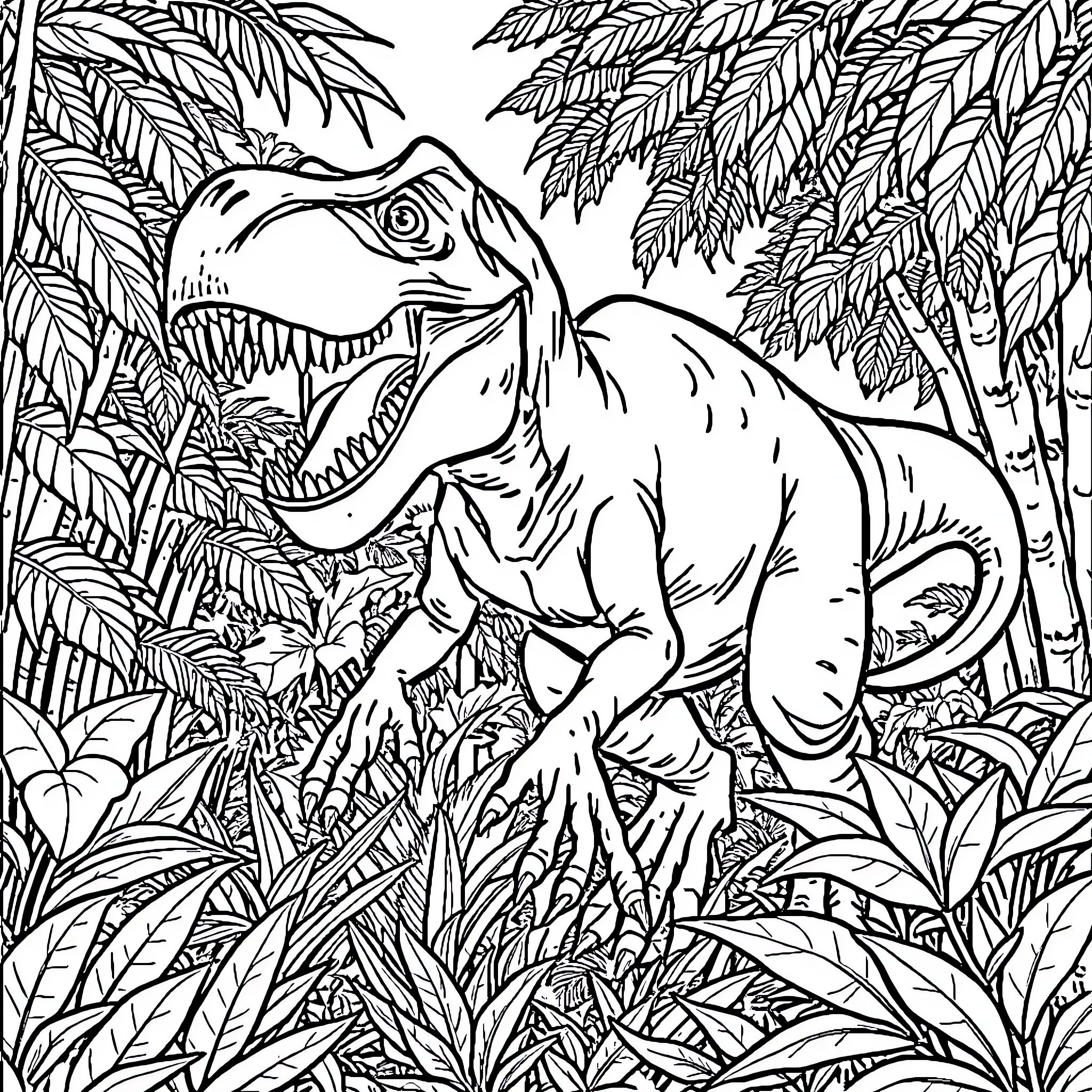 Dinosaur roaring in lush jungle vegetation Coloring Page (free black-and-white line drawing printable PDF for all, from beginners to advanced learners, including children, teens, adults, and seniors)