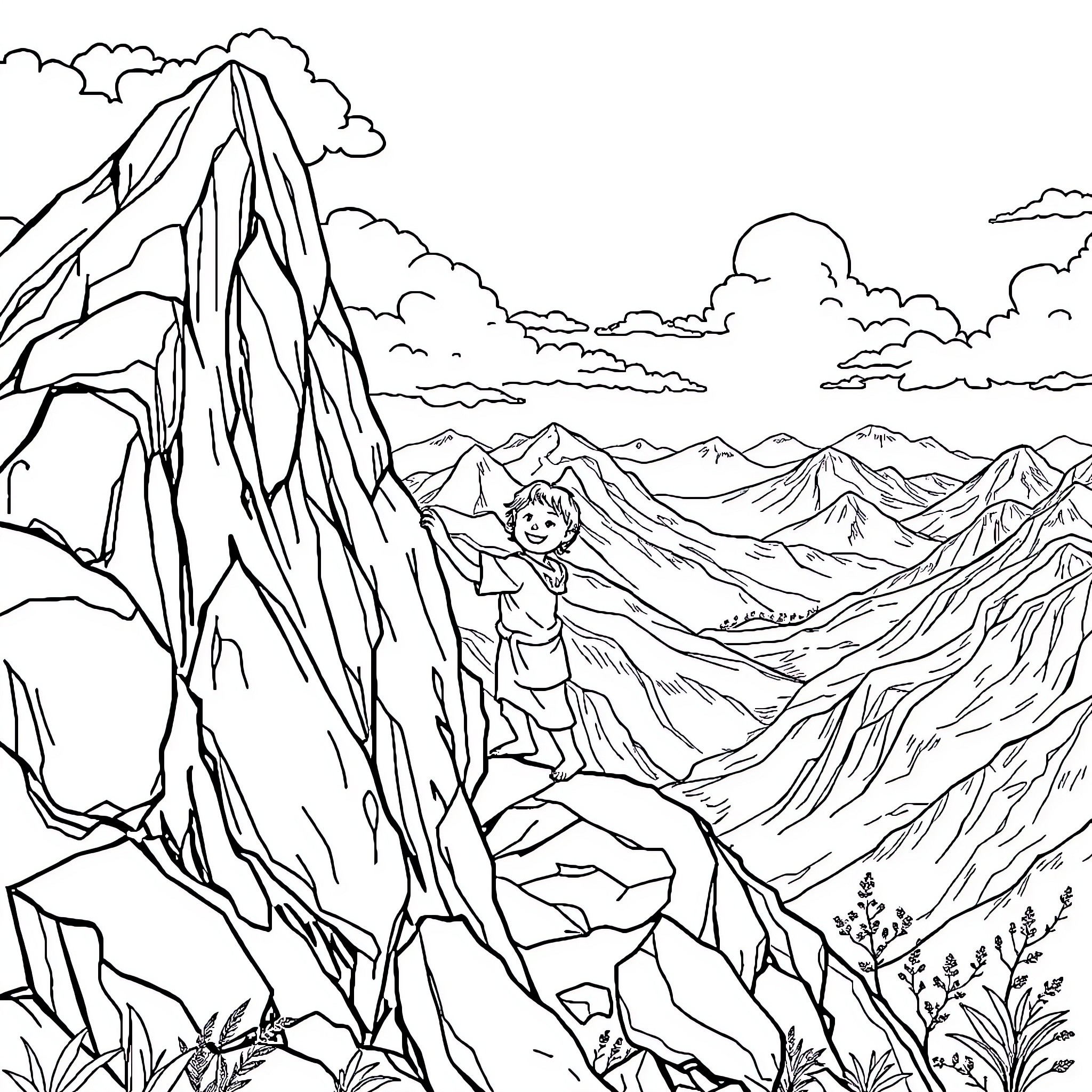 Child exploring rocky mountain landscape Coloring Page (free black-and-white line drawing printable PDF for all, from beginners to advanced learners, including children, teens, adults, and seniors)