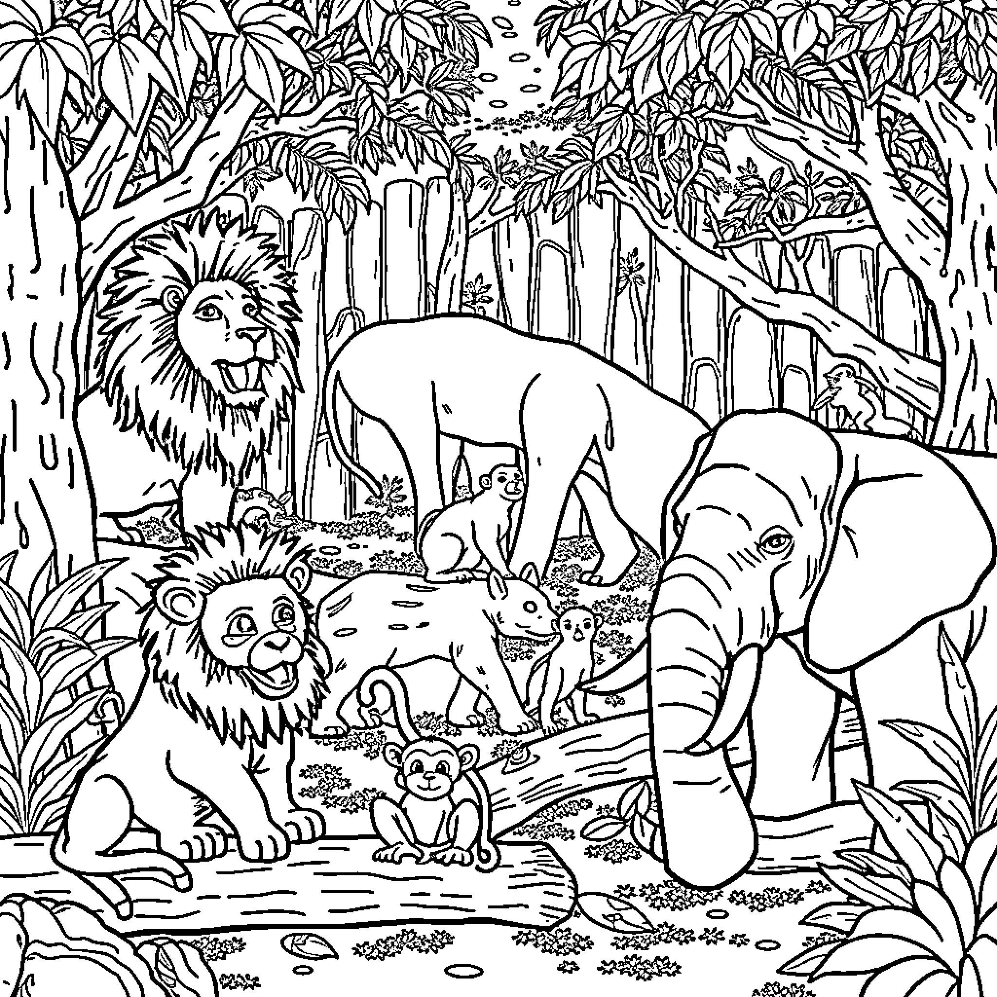 Animal adventure in the forest Coloring Page (free black-and-white line drawing printable PDF for all, from beginners to advanced learners, including children, teens, adults, and seniors)