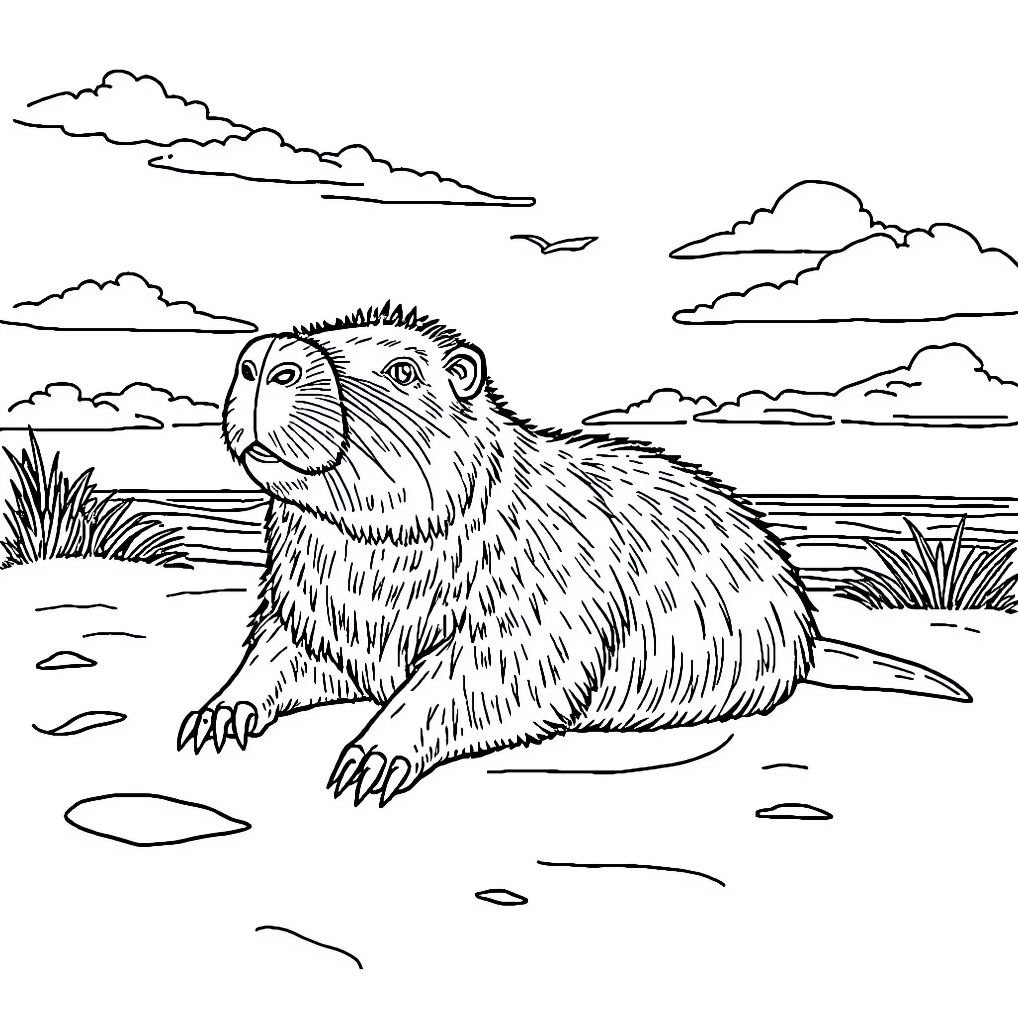 Capybara lounging in a scenic landscape Coloring Page (free black-and-white line drawing printable PDF for all, from beginners to advanced learners, including children, teens, adults, and seniors)