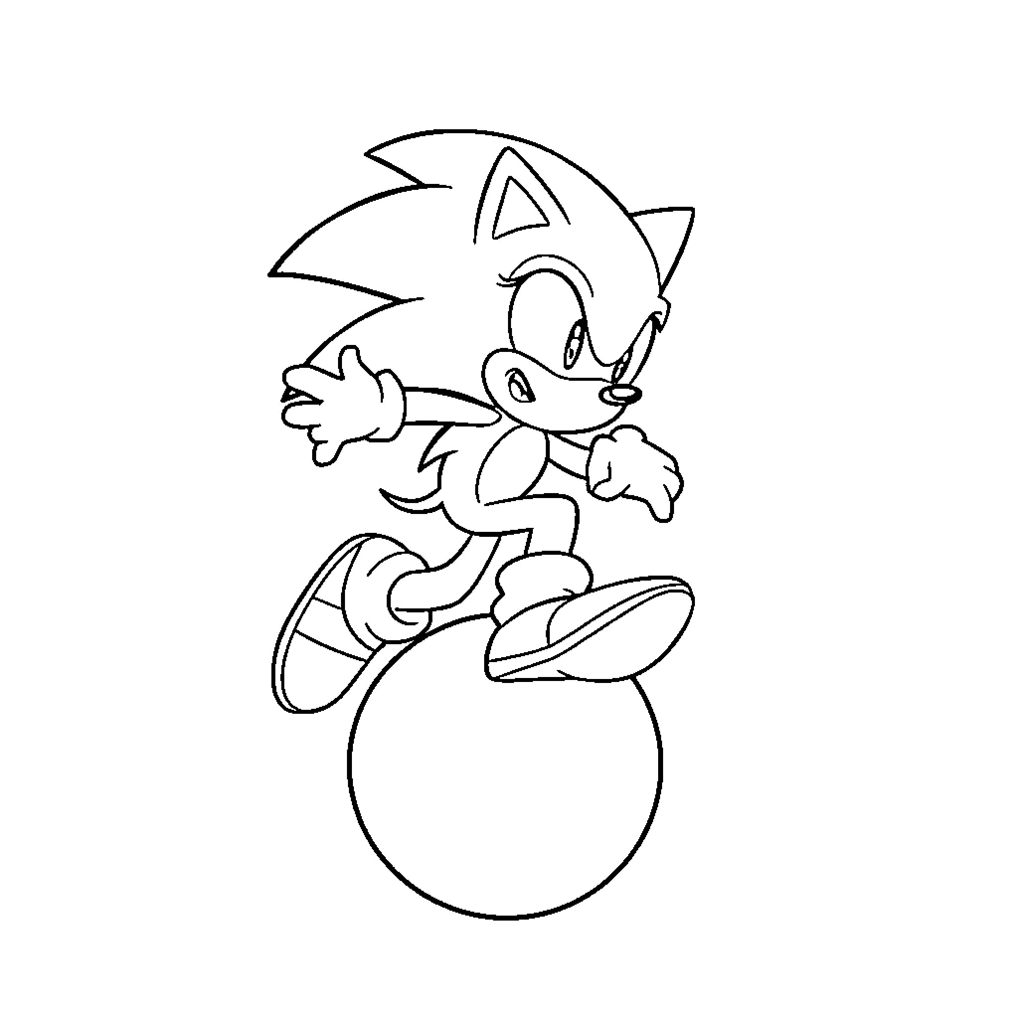 Sonic running with enthusiasm on a ball Coloring Page (free black-and-white line drawing printable PDF for all, from beginners to advanced learners, including children, teens, adults, and seniors)