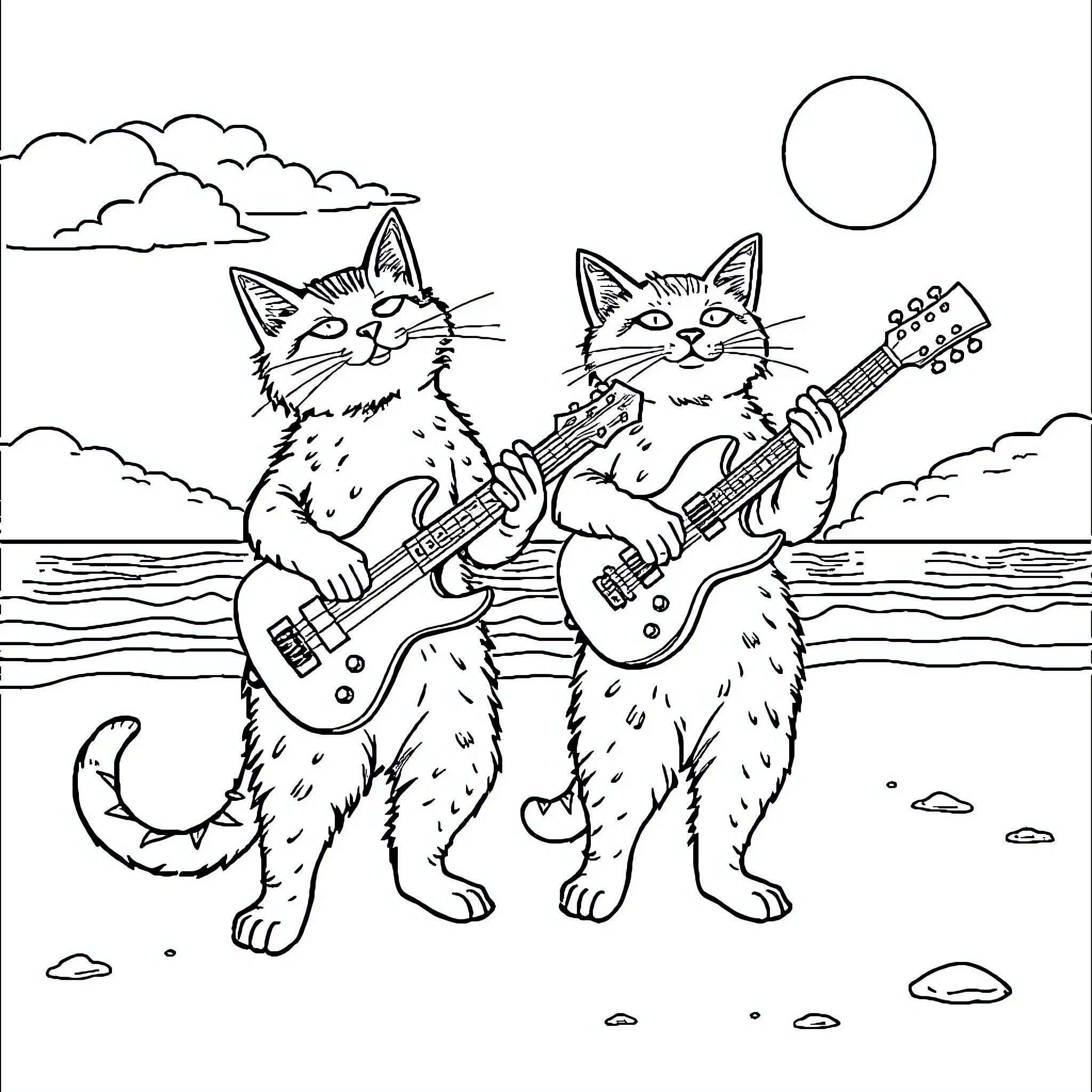 Gato cats playing electric guitars on the beach Coloring Page (free black-and-white line drawing printable PDF for all, from beginners to advanced learners, including children, teens, adults, and seniors)
