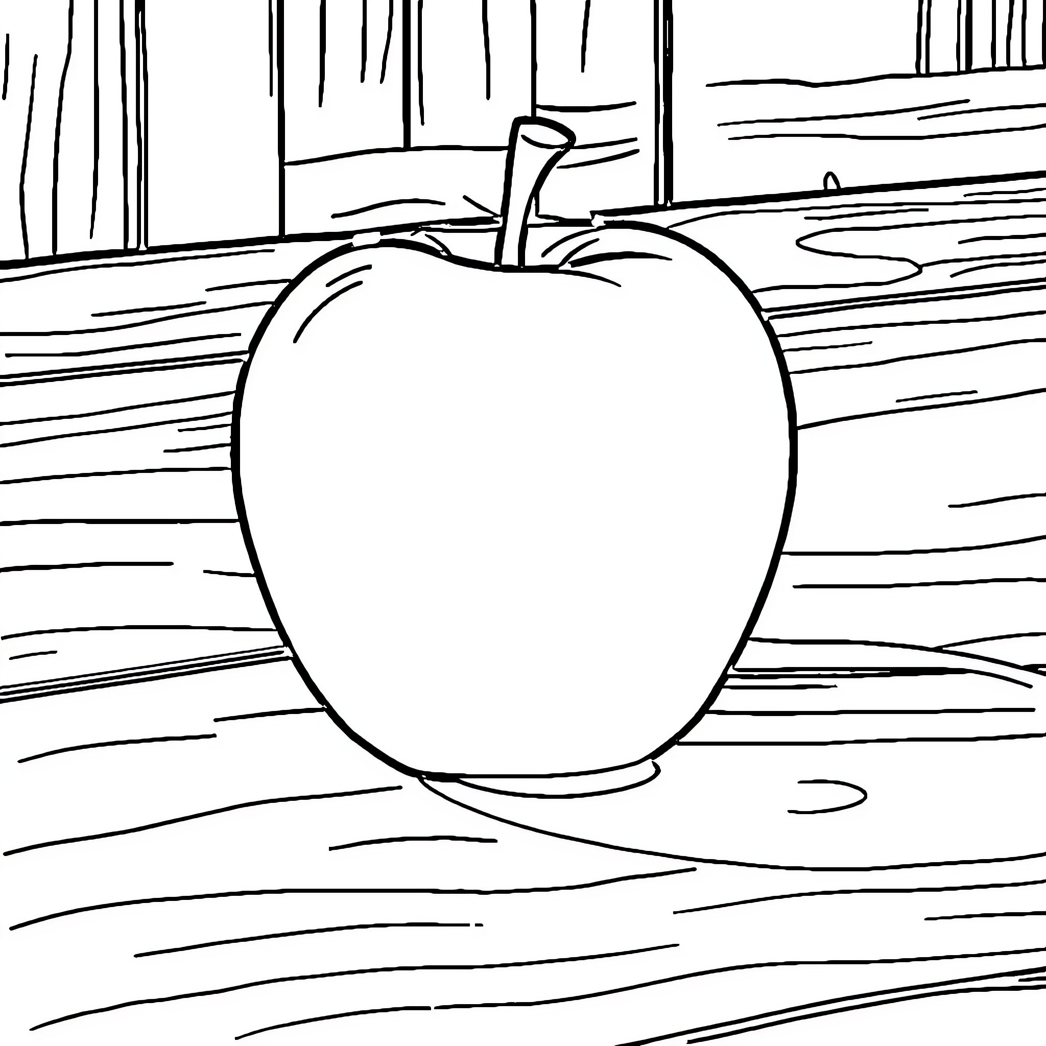 Apple on Wooden Surface Coloring Page (free black-and-white line drawing printable PDF for all, from beginners to advanced learners, including children, teens, adults, and seniors)