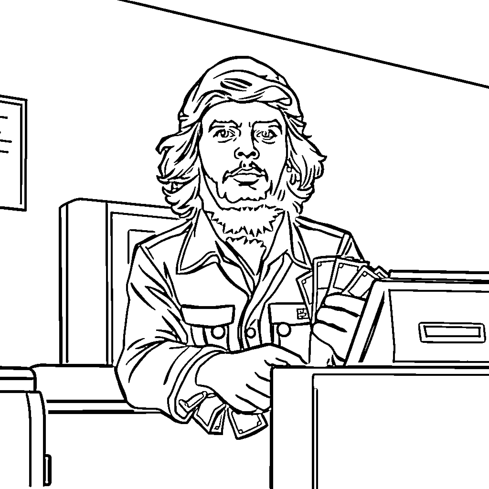 Che Guevara in office setting with documents Coloring Page (free black-and-white line drawing printable PDF for all, from beginners to advanced learners, including children, teens, adults, and seniors)