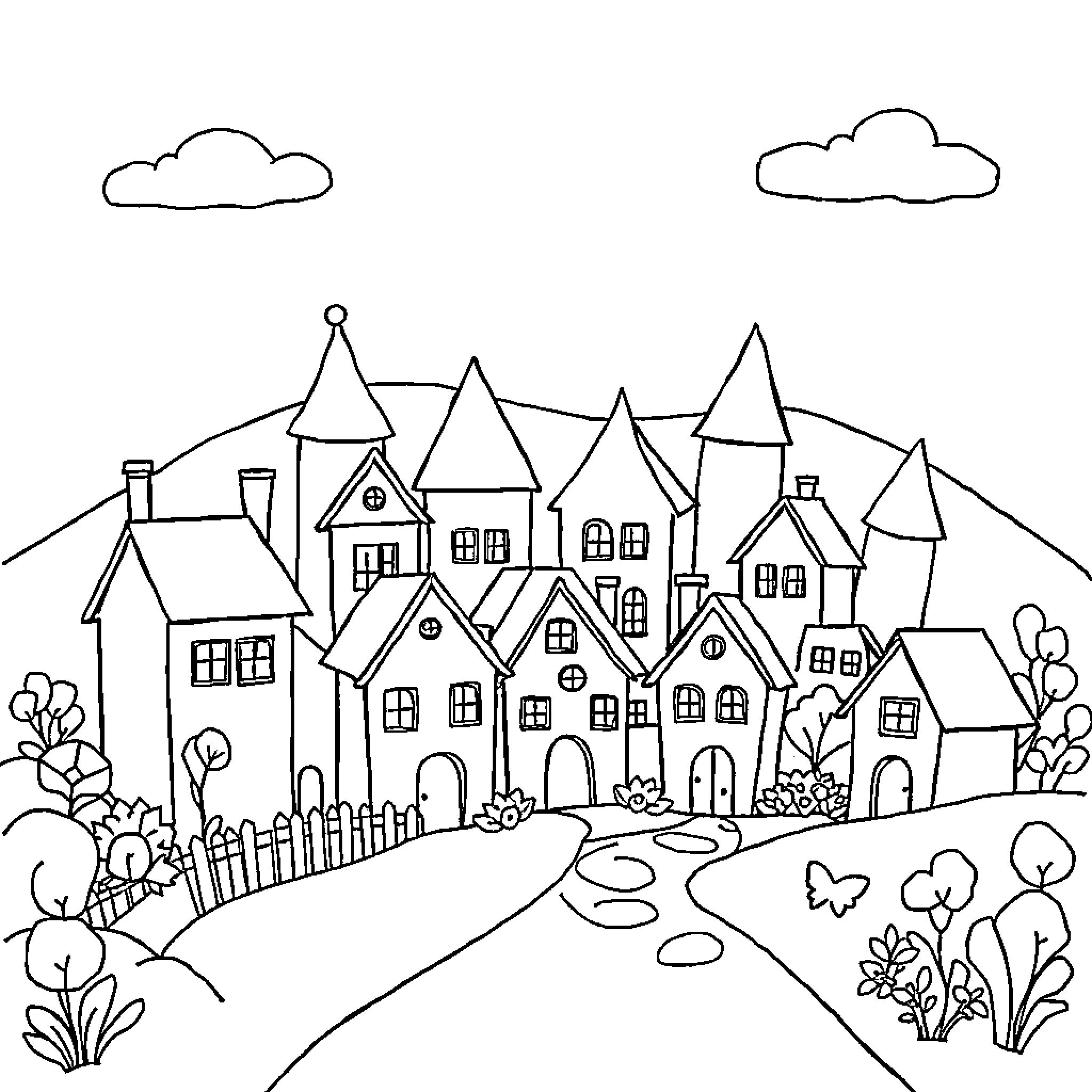 Village with Quaint Cottages and Winding Paths Coloring Page (free black-and-white line drawing printable PDF for all, from beginners to advanced learners, including children, teens, adults, and seniors)