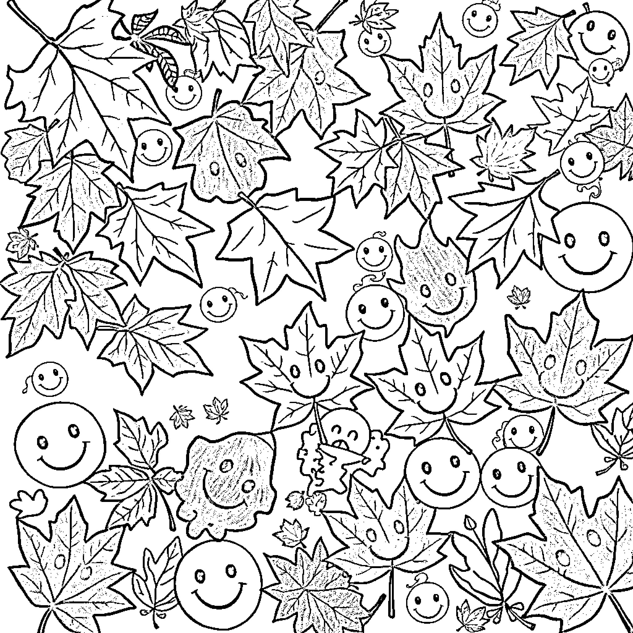 Leaf-filled Smiling Autumn Scene Coloring Page (free black-and-white line drawing printable PDF for all, from beginners to advanced learners, including children, teens, adults, and seniors)