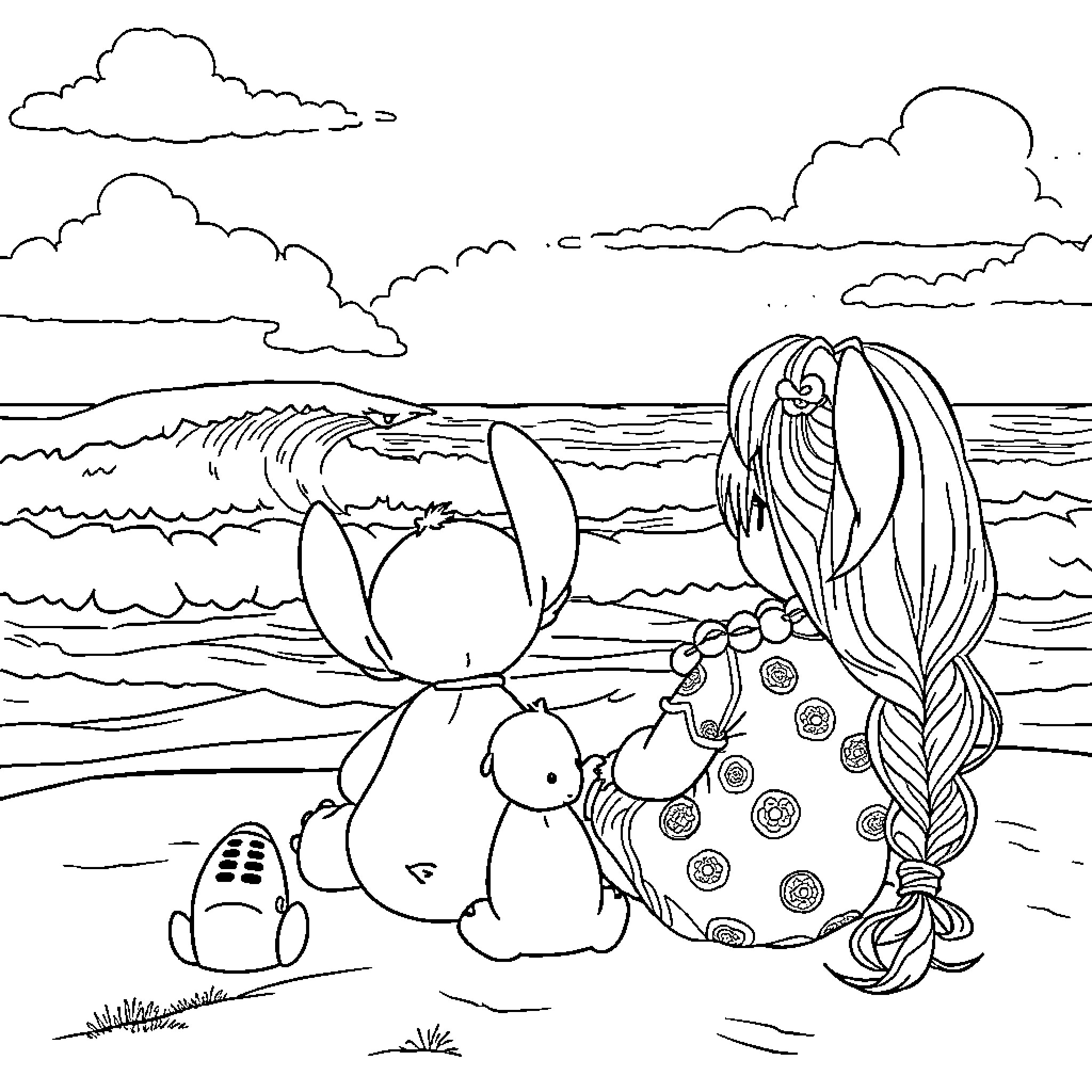 Lilo enjoying a day at the beach with her friends Coloring Page (free black-and-white line drawing printable PDF for all, from beginners to advanced learners, including children, teens, adults, and seniors)