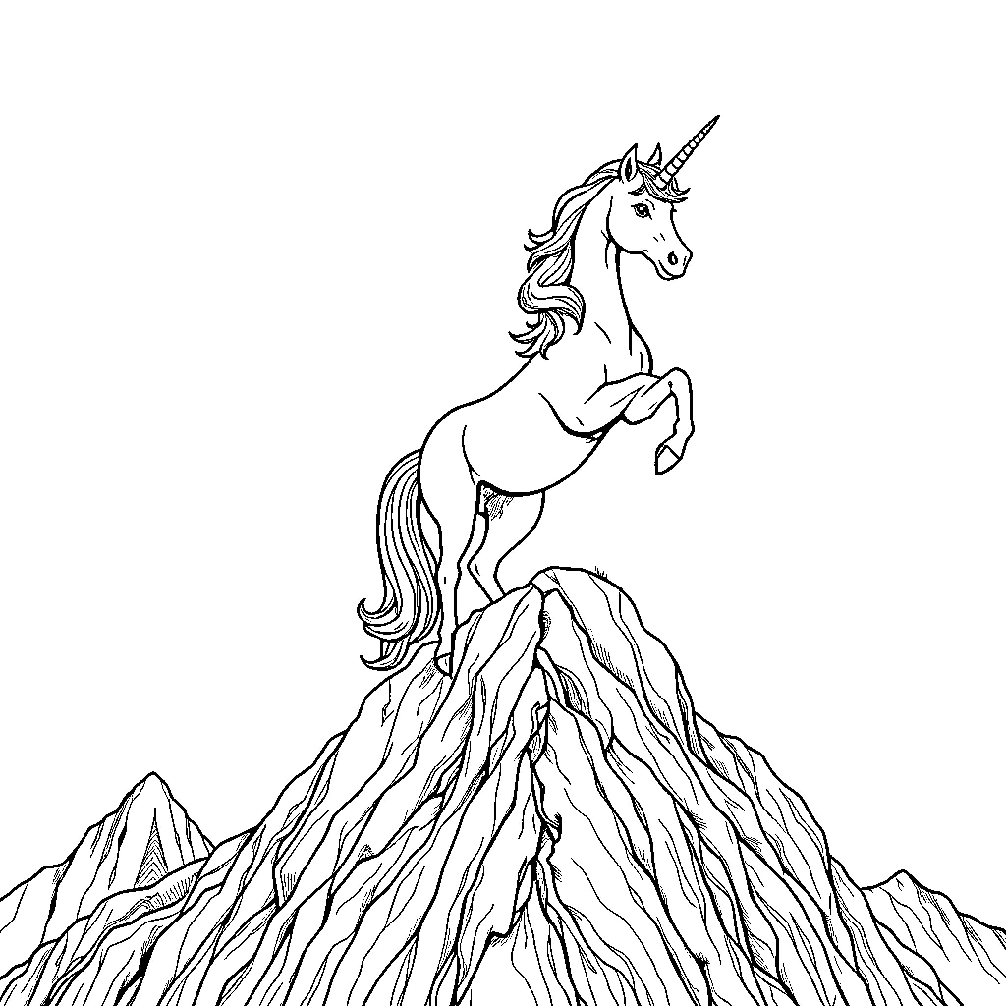 Unicorn Rearing Atop Rugged Mountain Coloring Page (free black-and-white line drawing printable PDF for all, from beginners to advanced learners, including children, teens, adults, and seniors)