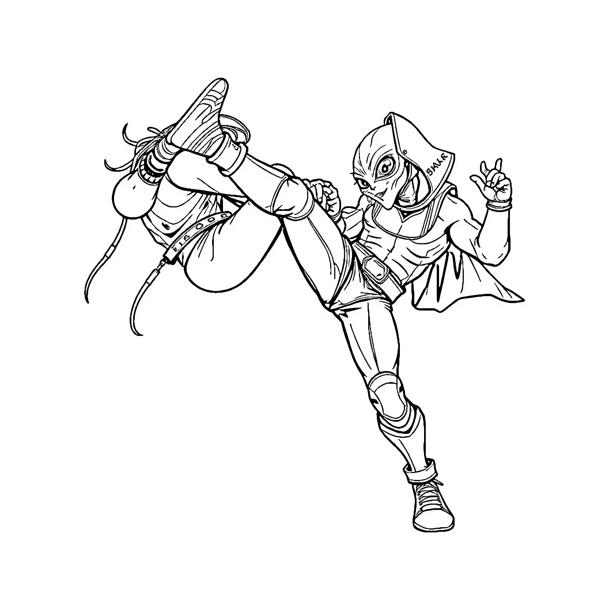 Wrestler in dynamic martial arts pose Coloring Page (free black-and-white line drawing printable PDF for all, from beginners to advanced learners, including children, teens, adults, and seniors)