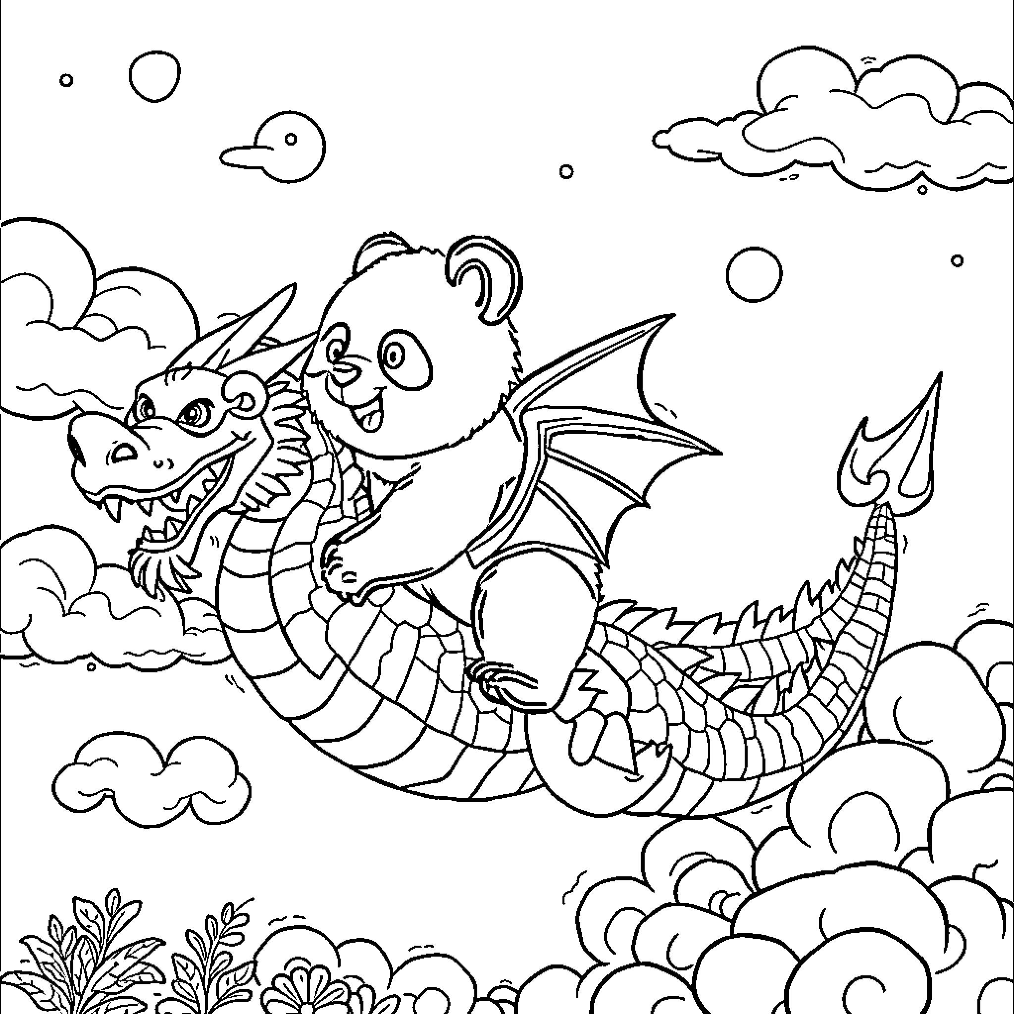 Panda dragon soaring through the clouds Coloring Page (free black-and-white line drawing printable PDF for all, from beginners to advanced learners, including children, teens, adults, and seniors)