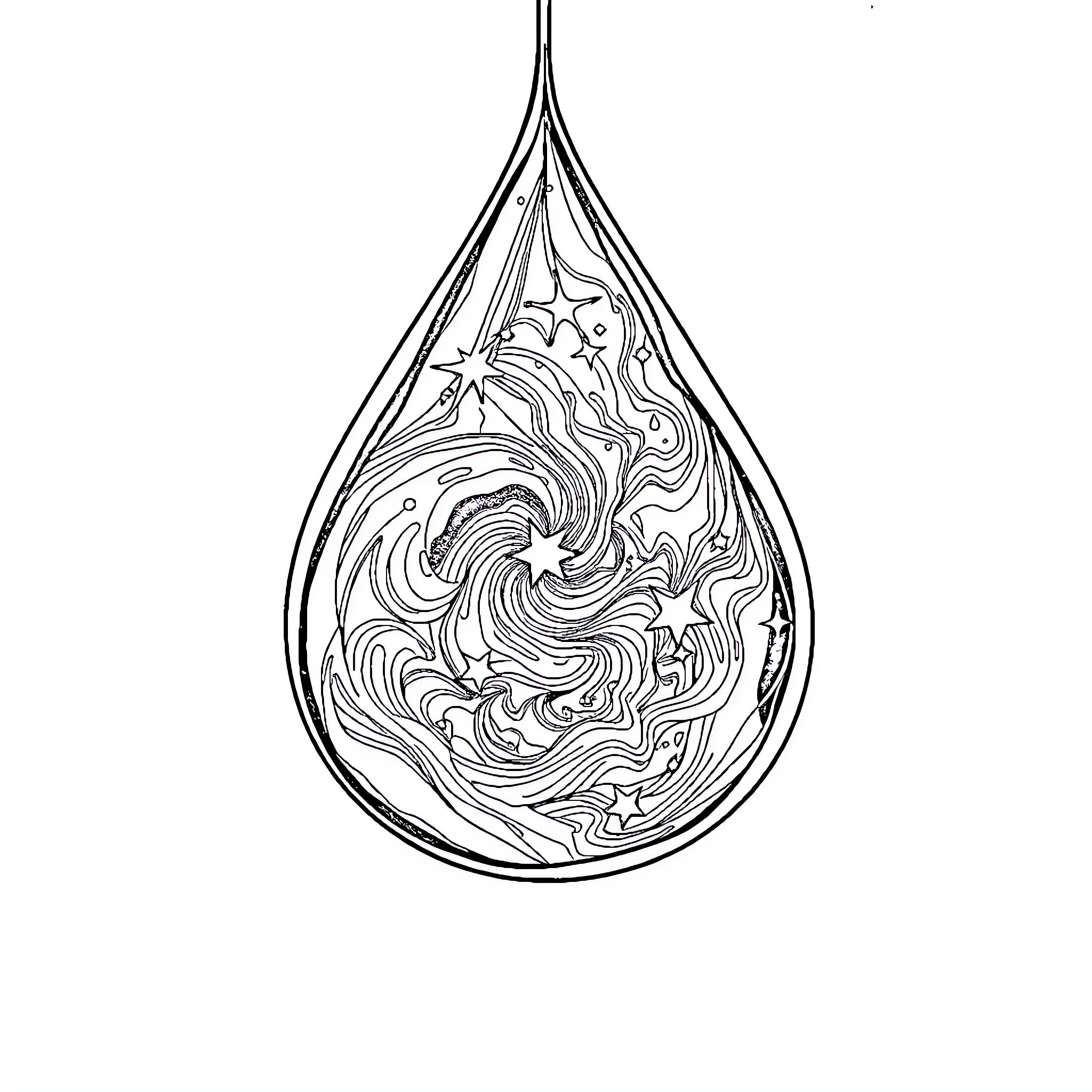 Universe Depicted in Swirling Droplet Coloring Page (free black-and-white line drawing printable PDF for all, from beginners to advanced learners, including children, teens, adults, and seniors)