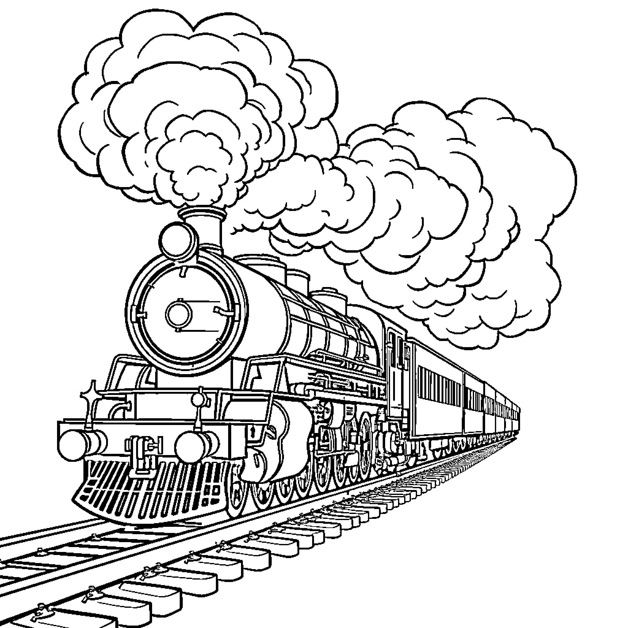 Steam Train Chugging Through the Landscape Coloring Page (free black-and-white line drawing printable PDF for all, from beginners to advanced learners, including children, teens, adults, and seniors)