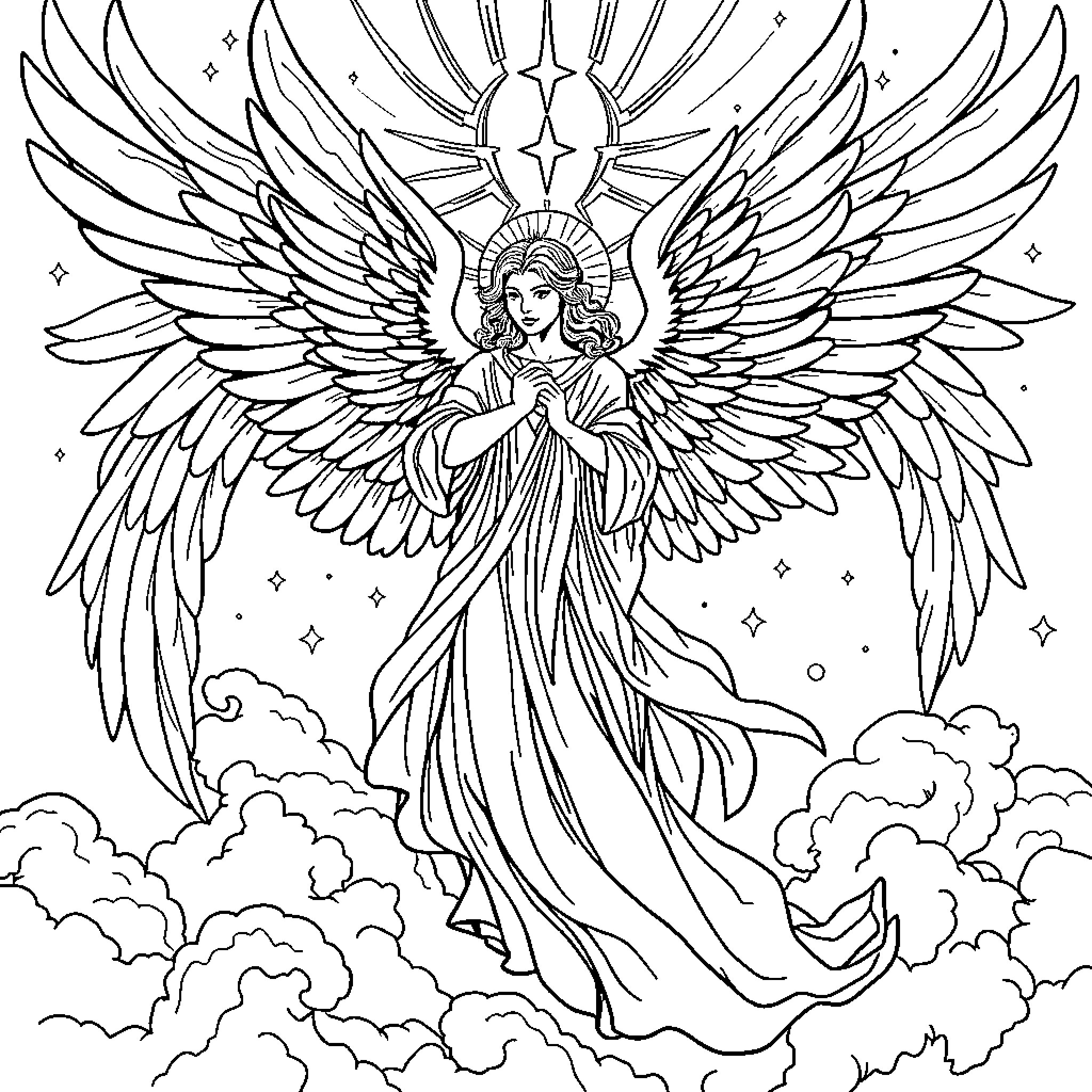 Archangel ascending to the heavens Coloring Page (free black-and-white line drawing printable PDF for all, from beginners to advanced learners, including children, teens, adults, and seniors)