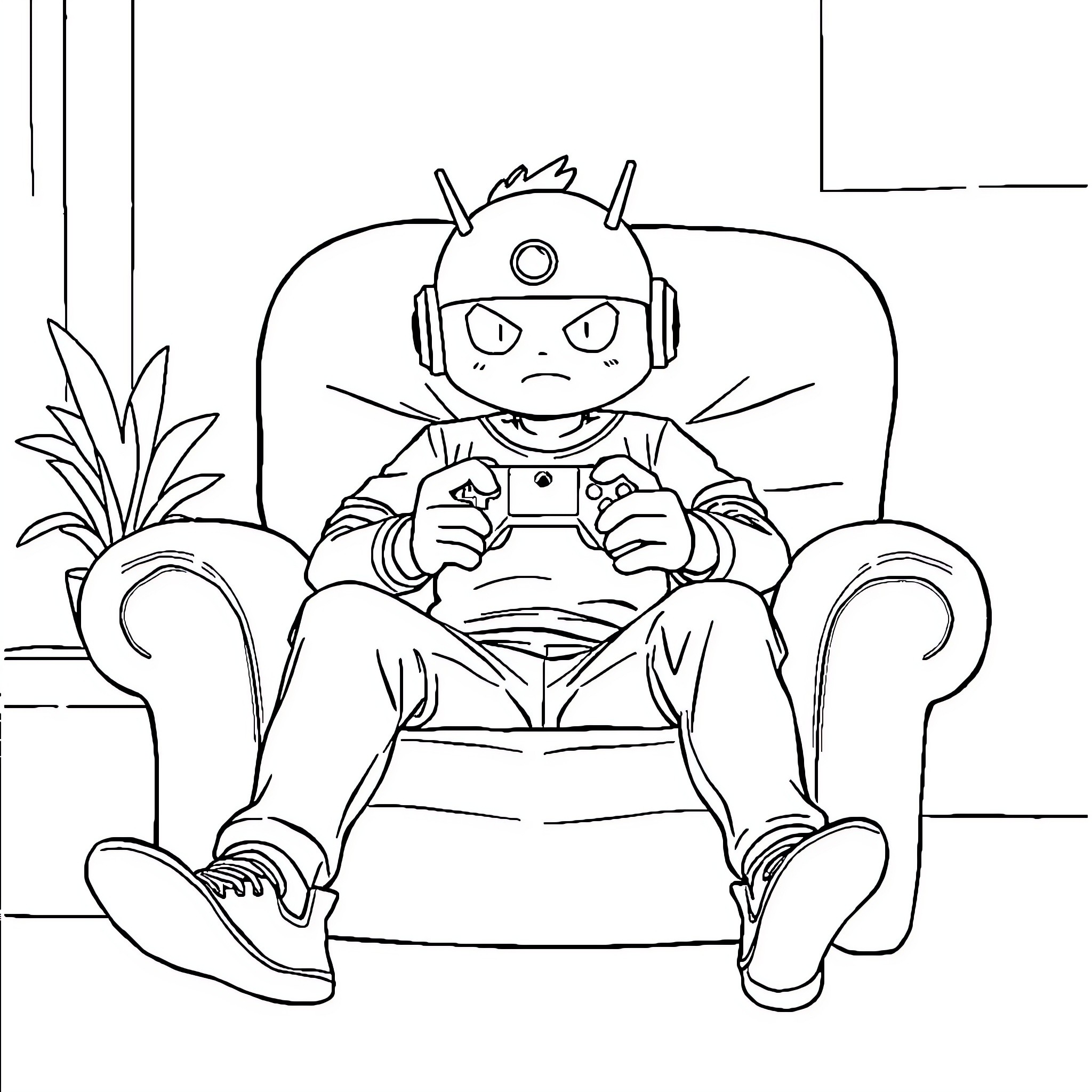 Android 17 playing video games in living room Coloring Page (free black-and-white line drawing printable PDF for all, from beginners to advanced learners, including children, teens, adults, and seniors)
