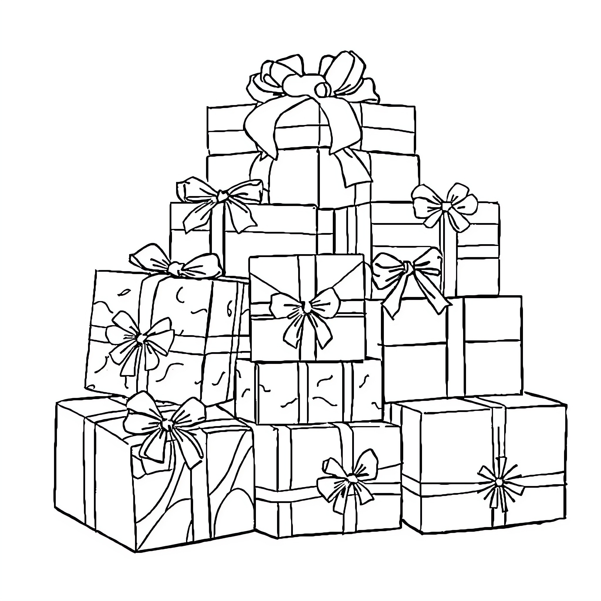 Gift Boxes with Festive Bows and Decorations Coloring Page (free black-and-white line drawing printable PDF for all, from beginners to advanced learners, including children, teens, adults, and seniors)